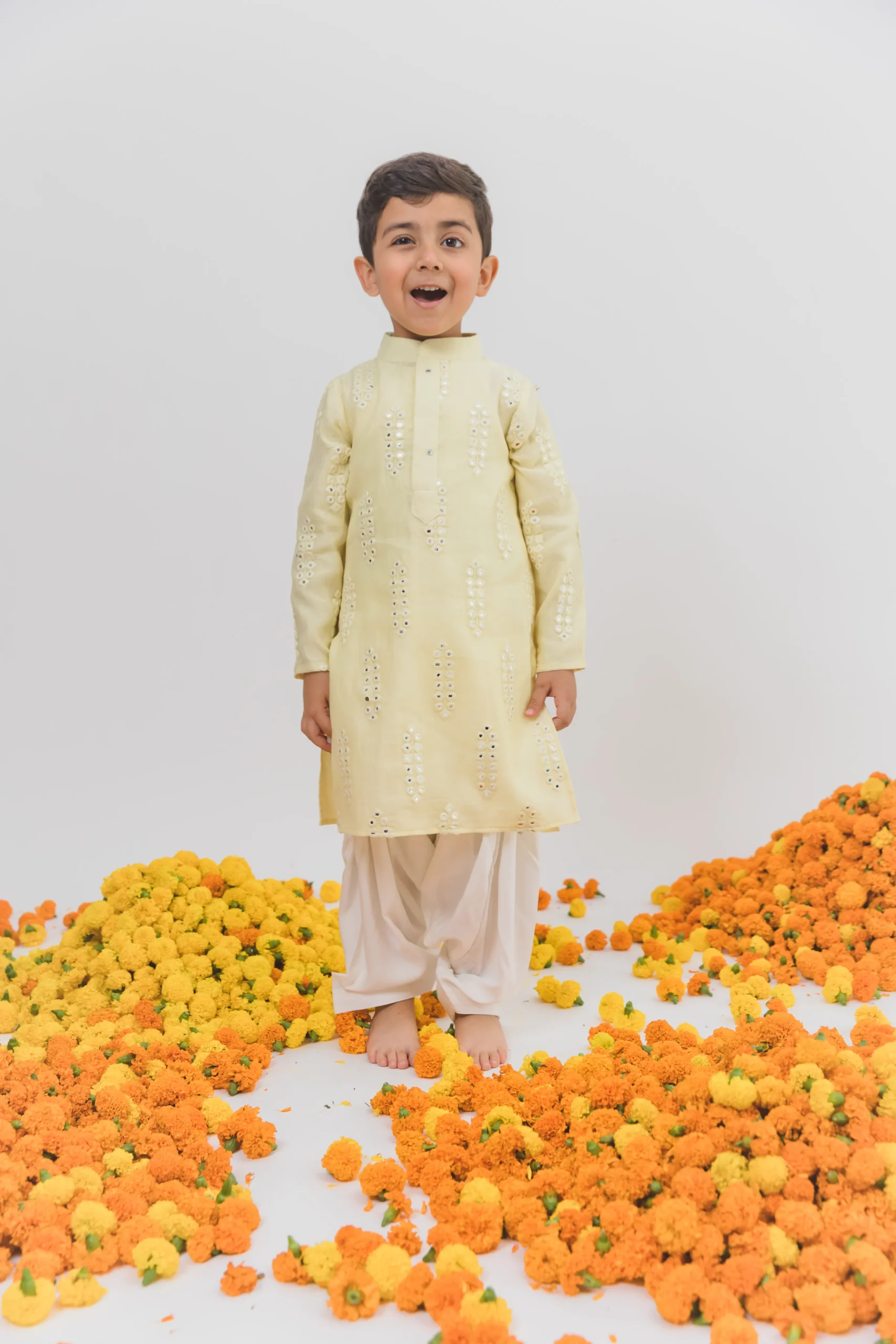 Yellow Chanderi Kurta Dhoti Set for Boys from Golden Muslin By Choti Buti