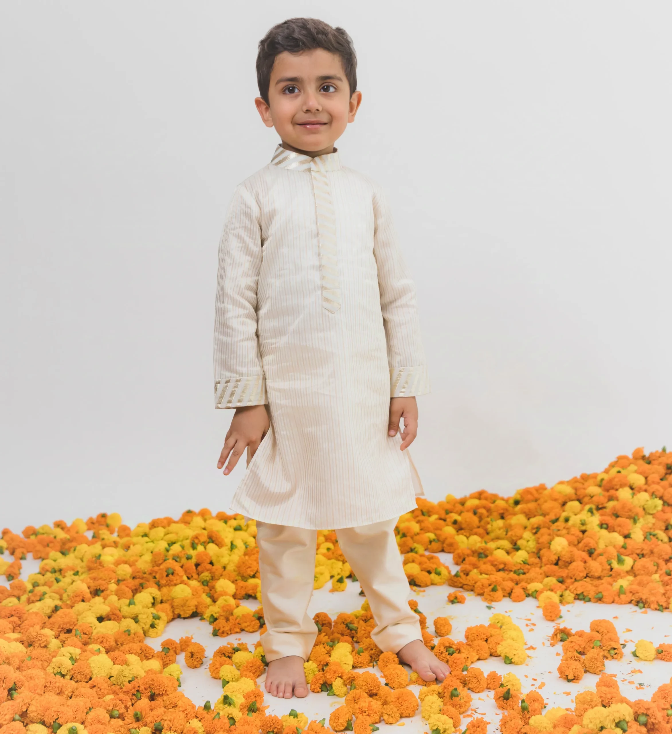 Ivory Tissue Kurta Pant Set for Boys in Chanderi from Golden Muslin By Choti Buti