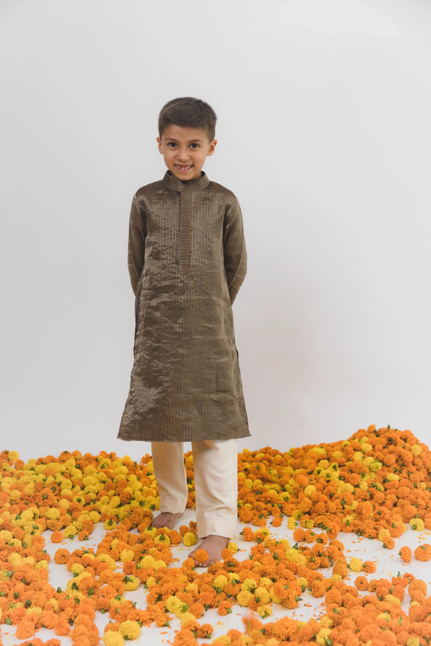 Brown Tissue Kurta Set for Boys with Off-White Chanderi Pants from Golden Muslin By Choti Buti