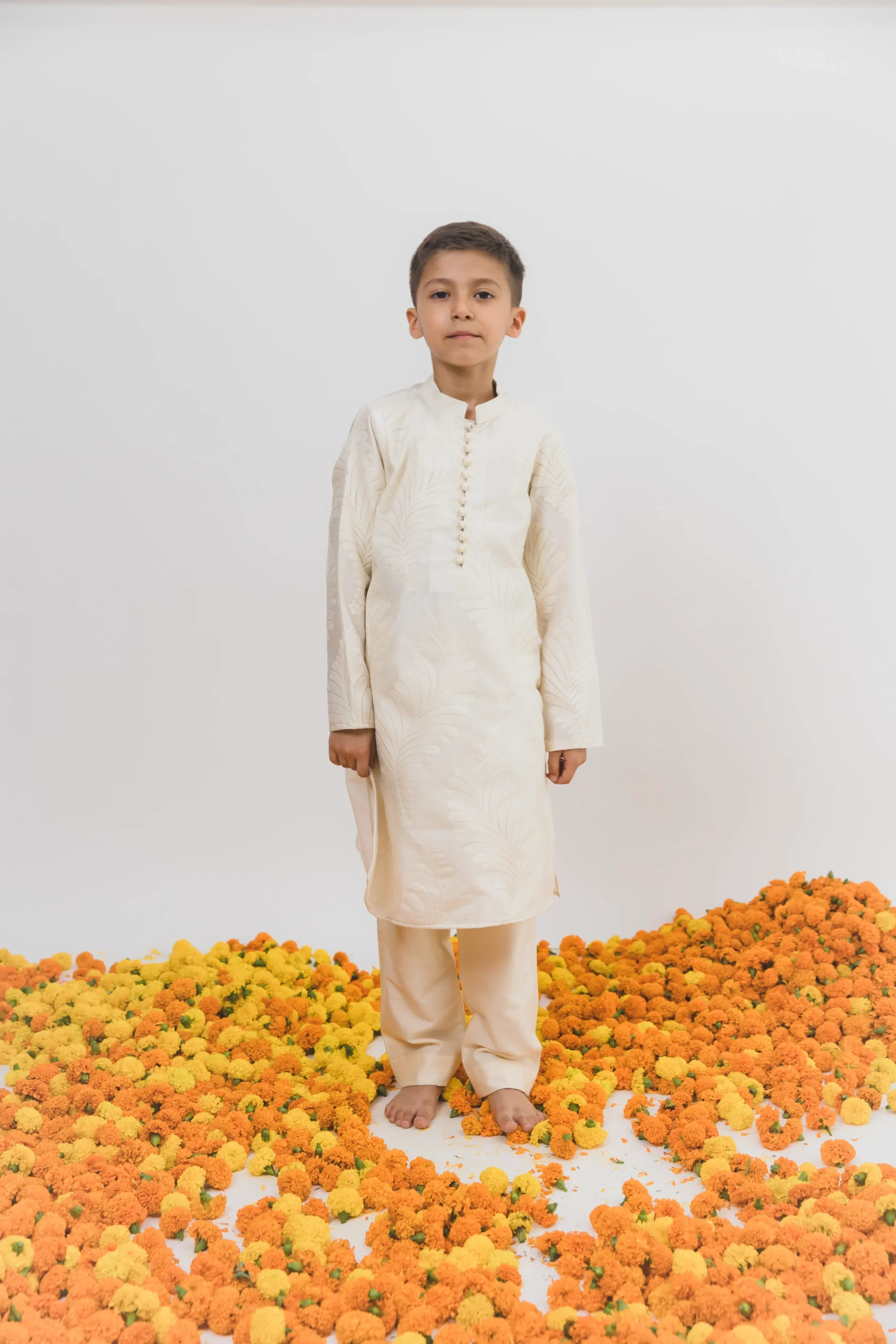 Off-White Tissue Chanderi Kurta Pant Set for Boys from Golden Muslin By Choti Buti