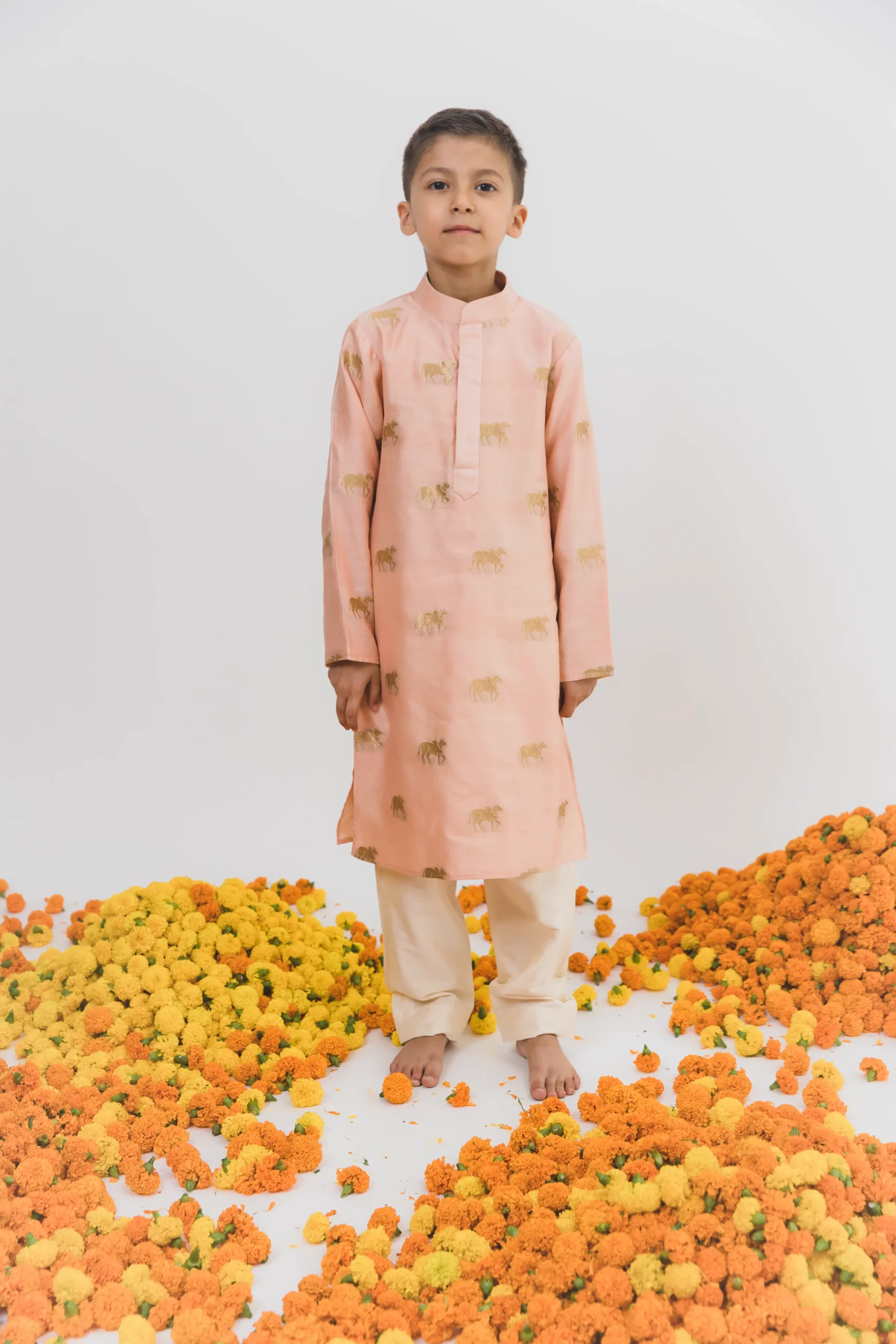 Baby Pink Chanderi Kurta Pant Set for Boys from Golden Muslin By Choti Buti
