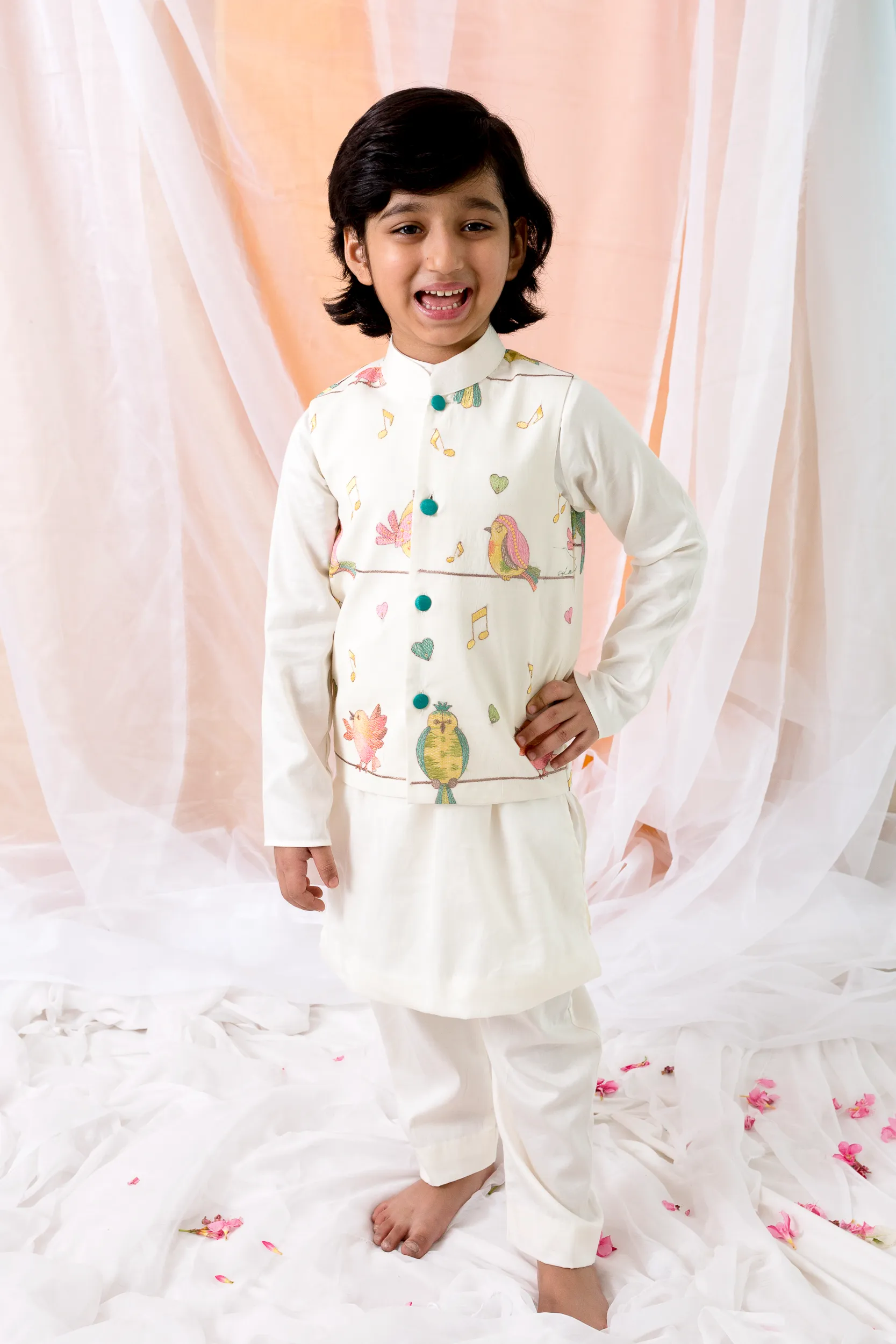 Off White Sequin Thread Work Kurta Pyjama Set from Golden Muslin By Choti Buti