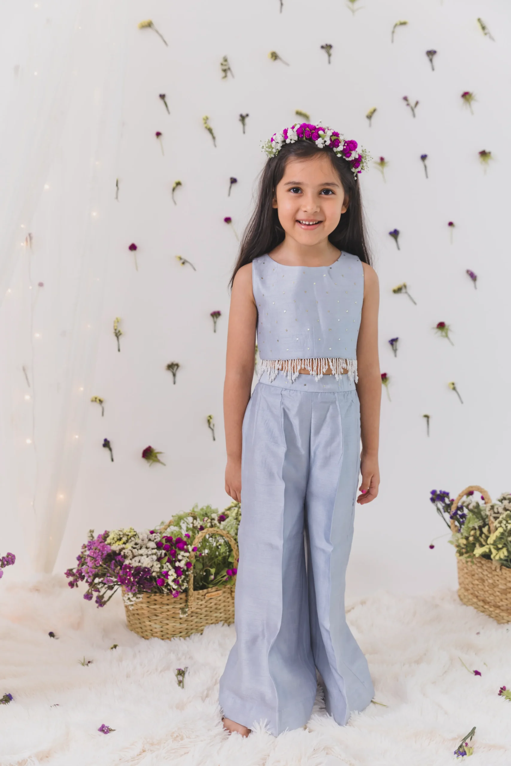 Steel Grey Silk Crop Top Pant Set festive outfit from Golden Muslin By Choti Buti