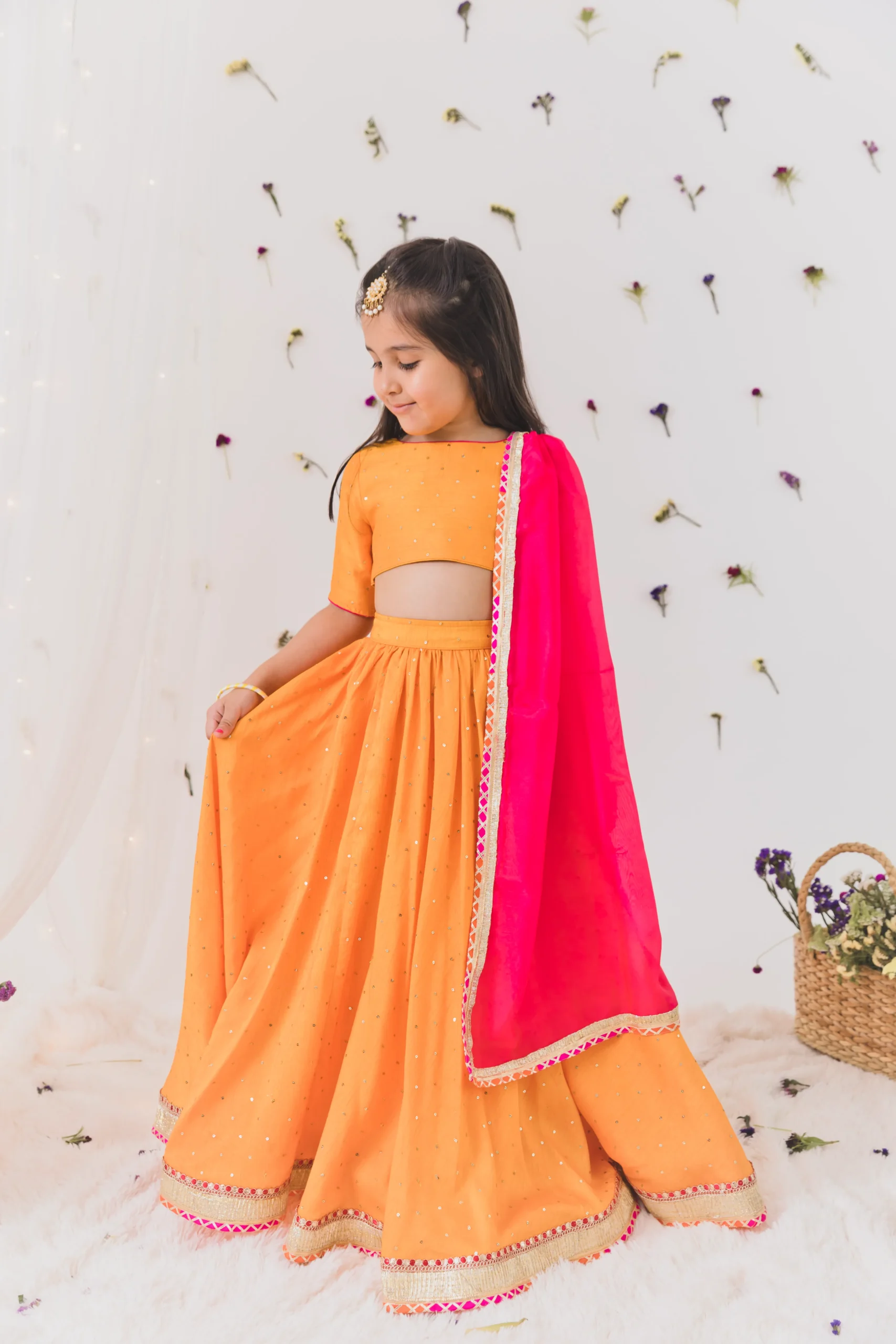 Narangi Silk Lehenga Set with Contrast Dupatta festive outfit from Golden Muslin By Choti Buti