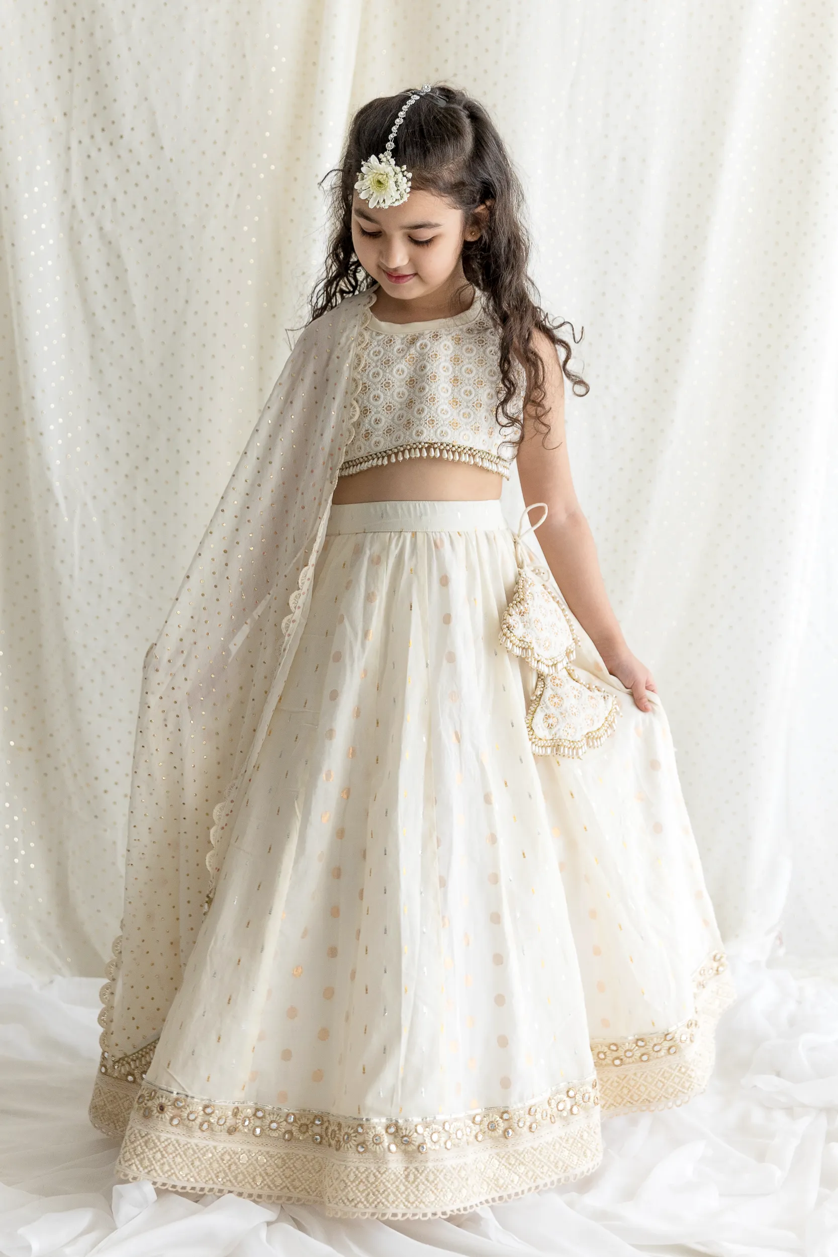 Ivory Cotton Lehenga Set with embroidered crop top and dupatta from Golden Muslin By Choti Buti