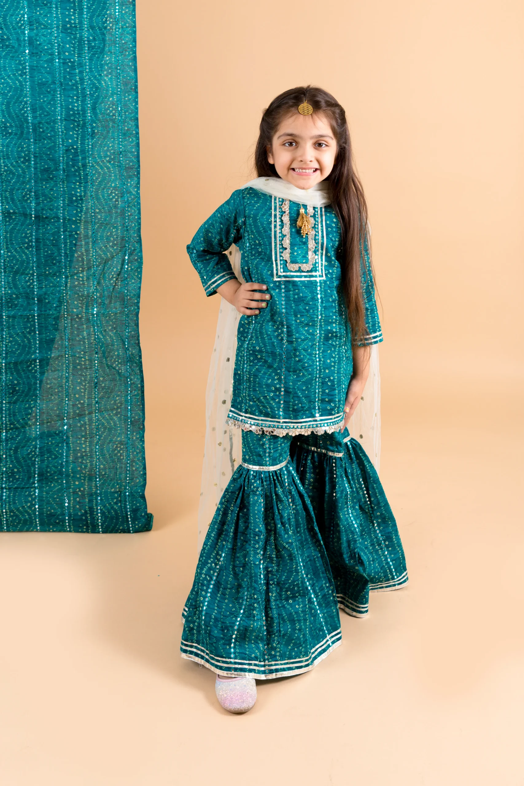 Aqua Blue Bandhani Sharara Set with mirror work kurta and dupatta from Golden Muslin By Choti Buti