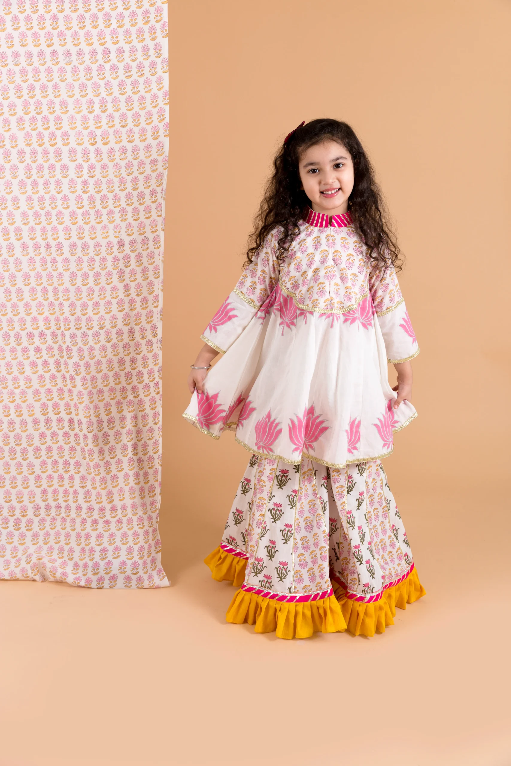 Off-White Block Print Sharara Set with gota detailing from Golden Muslin By Choti Buti