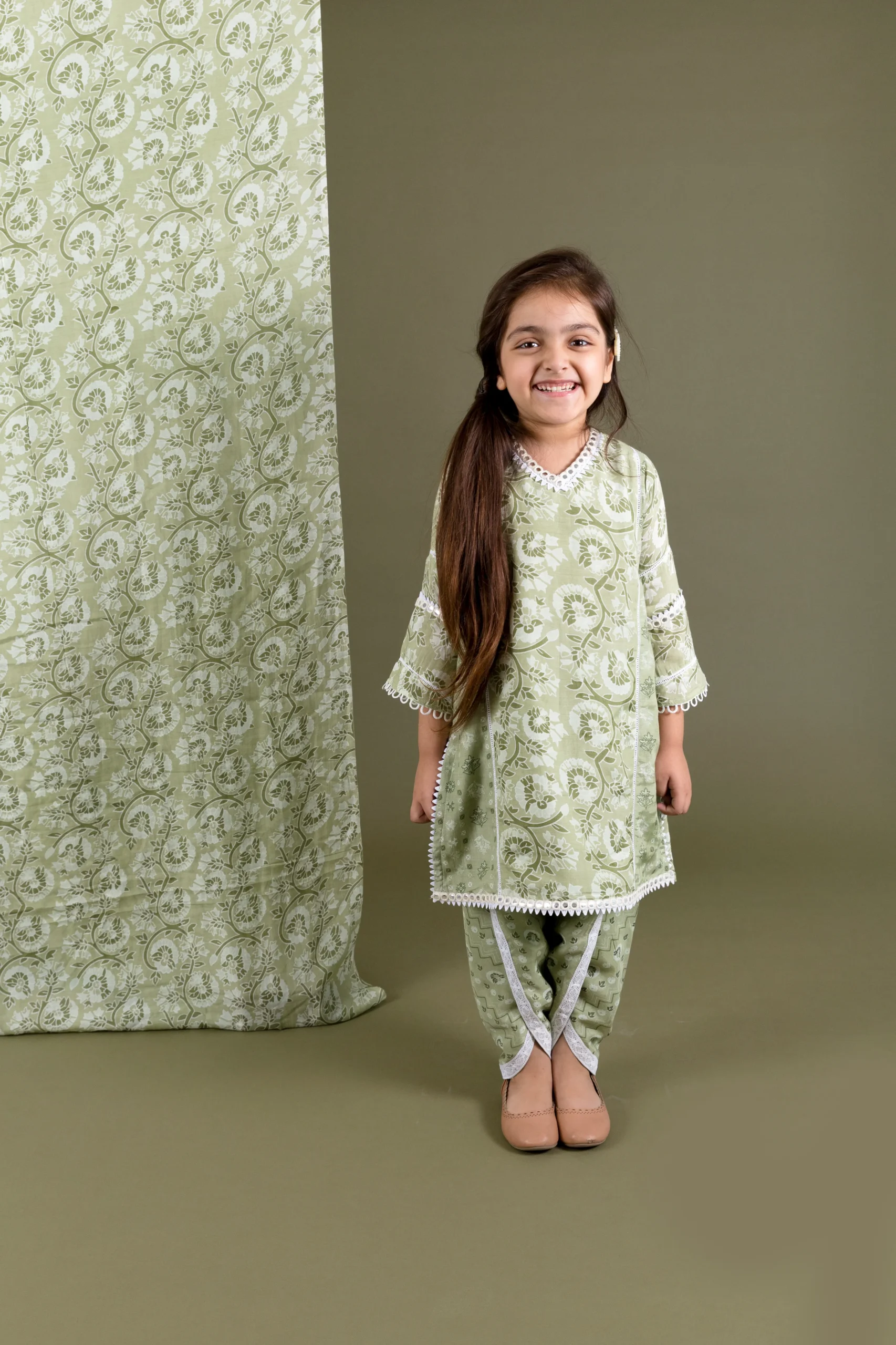 Green Muslin Dhoti Set with lace detailed kurta from Golden Muslin By Choti Buti