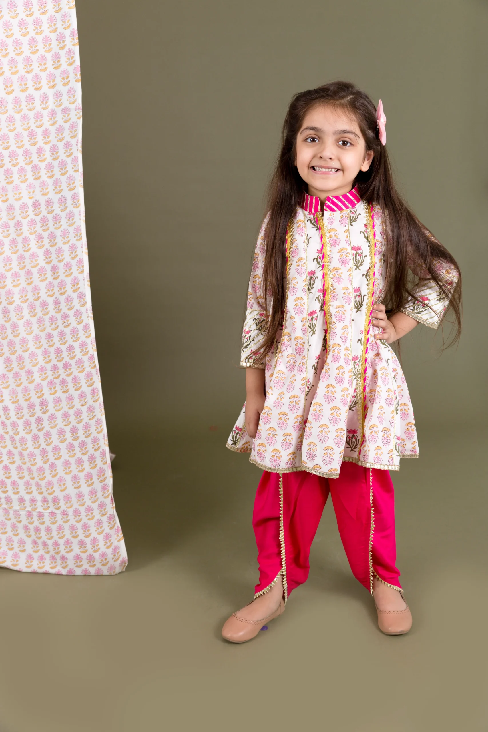 Off-White and Fuchsia Block Print Top with Dhoti Set from Golden Muslin By Choti Buti