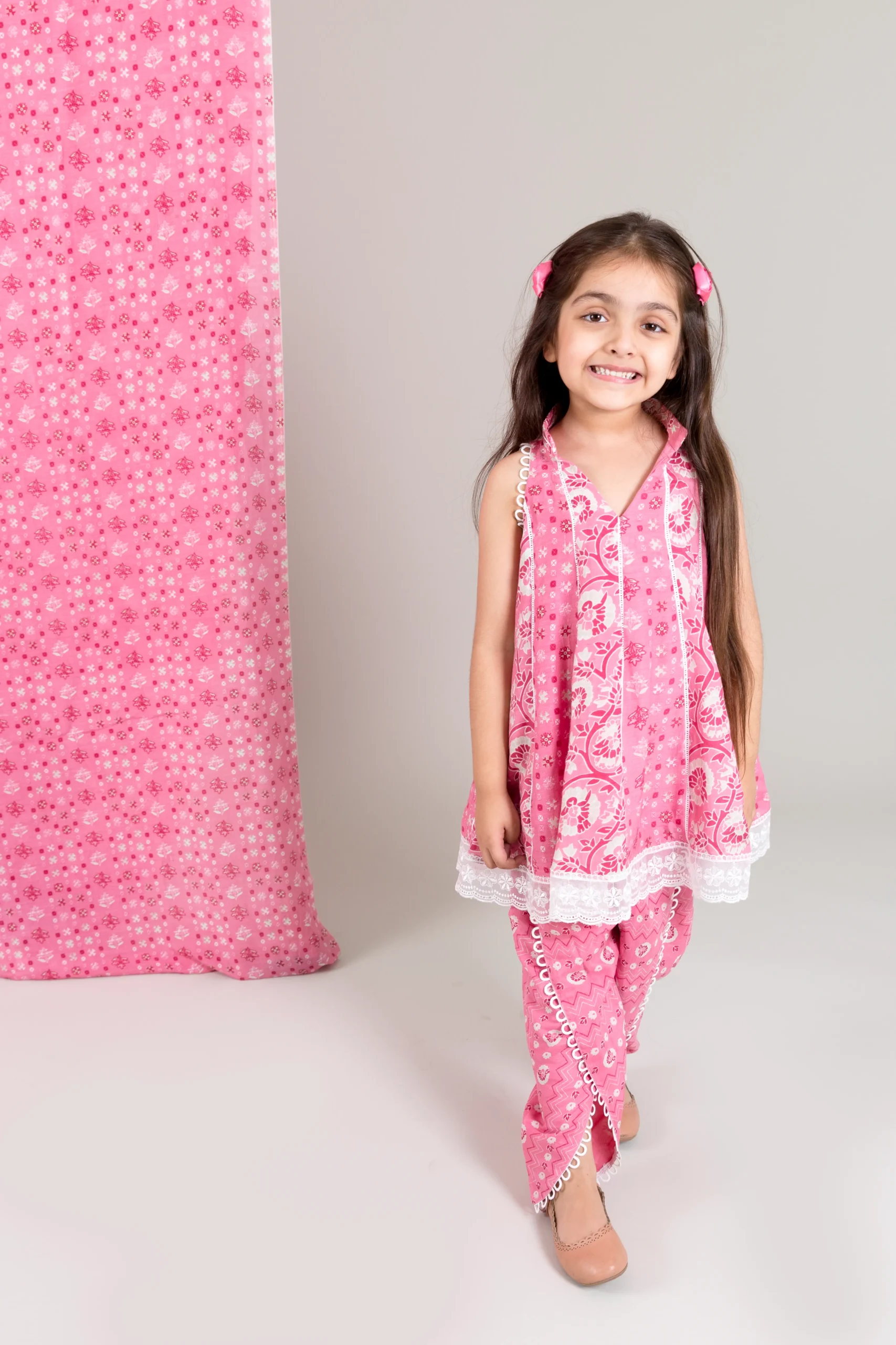 Pink Muslin Top with Dhoti Set featuring crochet lace detailing from Golden Muslin By Choti Buti