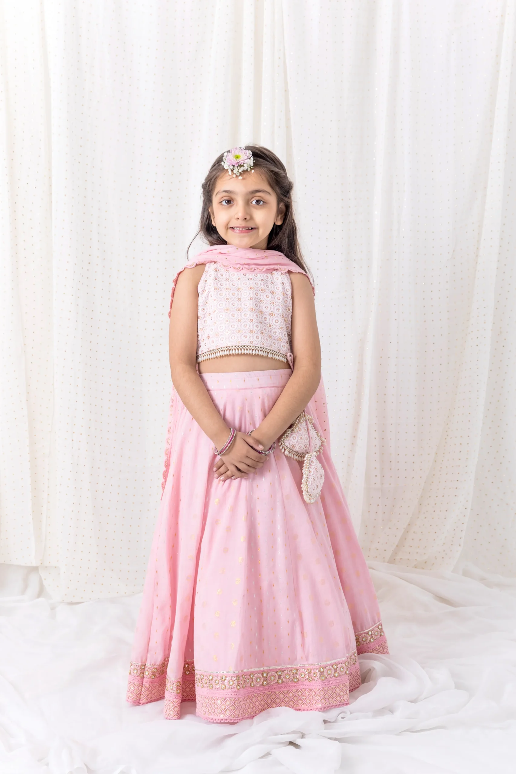 Pastel Pink Chotibuti Cotton Lehenga with pearl embroidered top and dupatta from Golden Muslin By Choti Buti