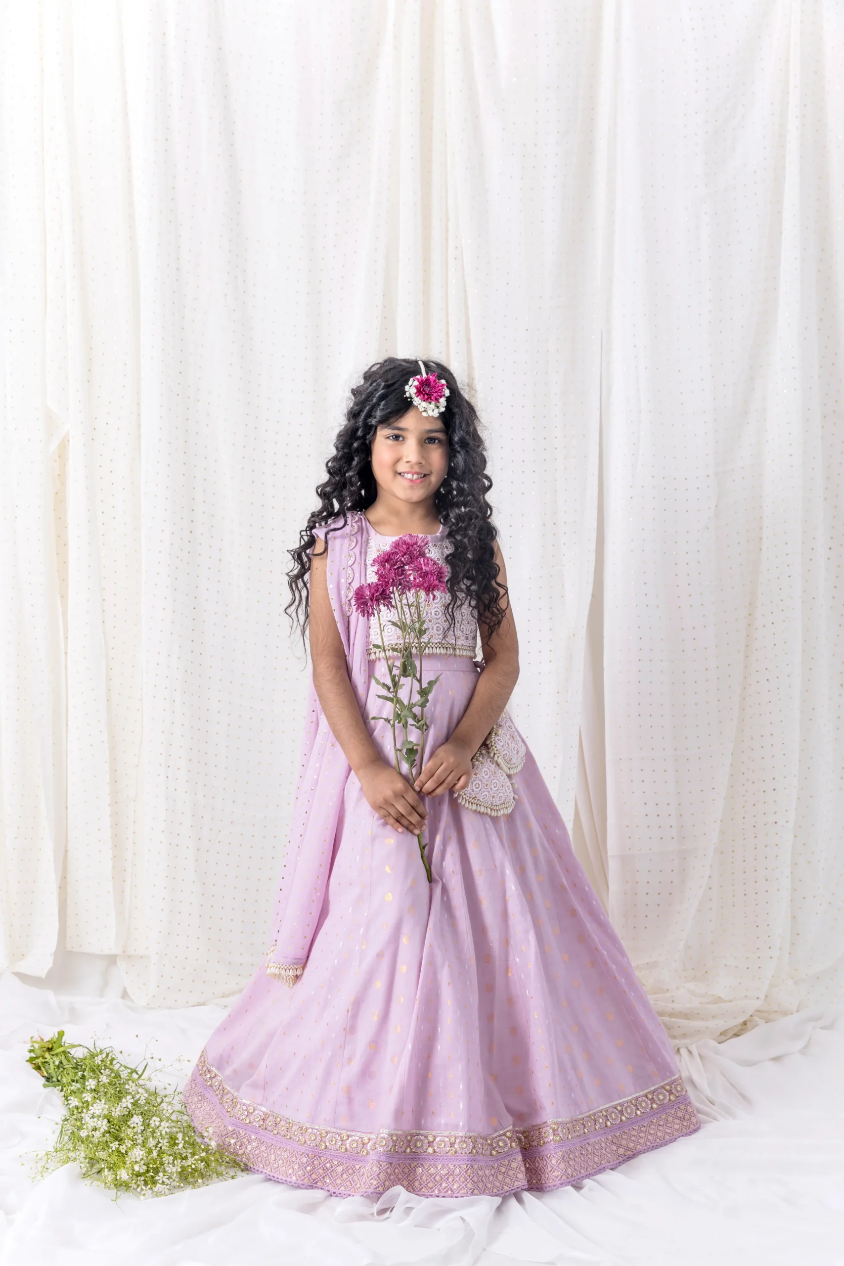 Lilac Chotibuti Cotton Lehenga with pearl embroidered top and dupatta from Golden Muslin By Choti Buti