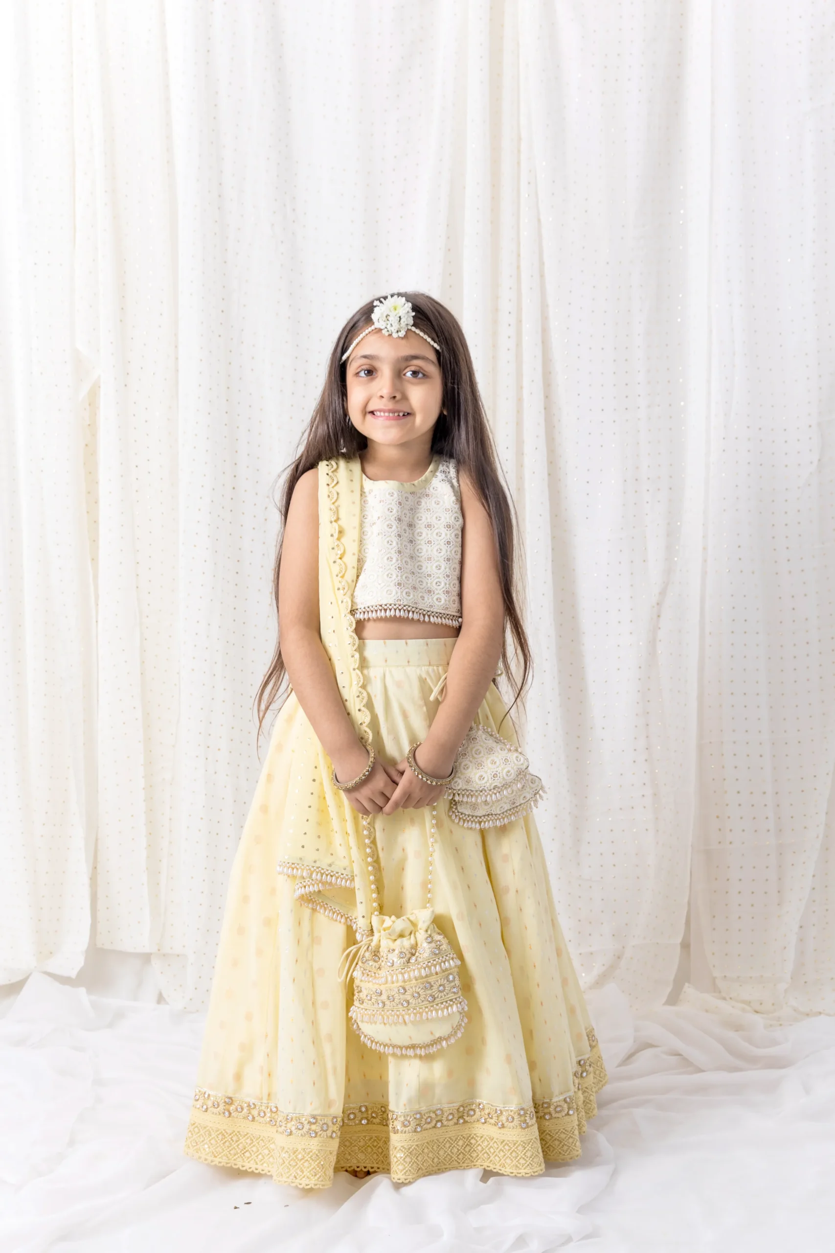 Pastel Yellow Chotibuti Cotton Lehenga with pearl embroidered top and dupatta from Golden Muslin By Choti Buti