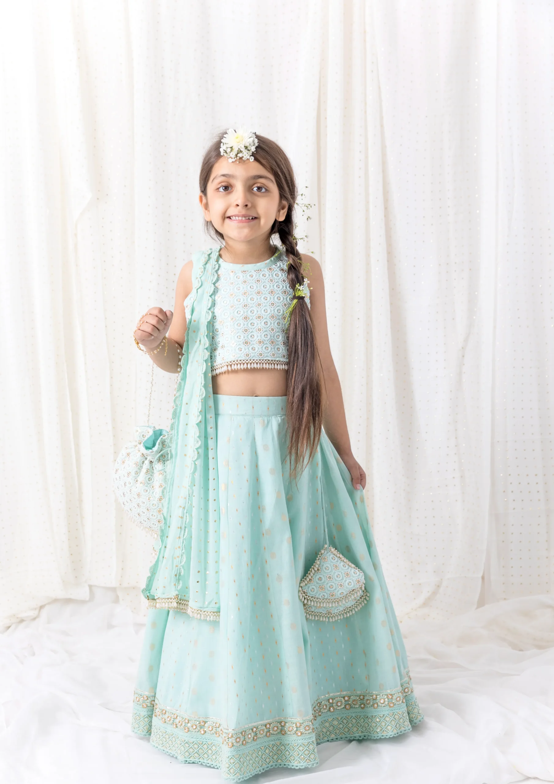 Ice Blue Chotibuti Cotton Lehenga with pearl embroidered top and dupatta from Golden Muslin By Choti Buti