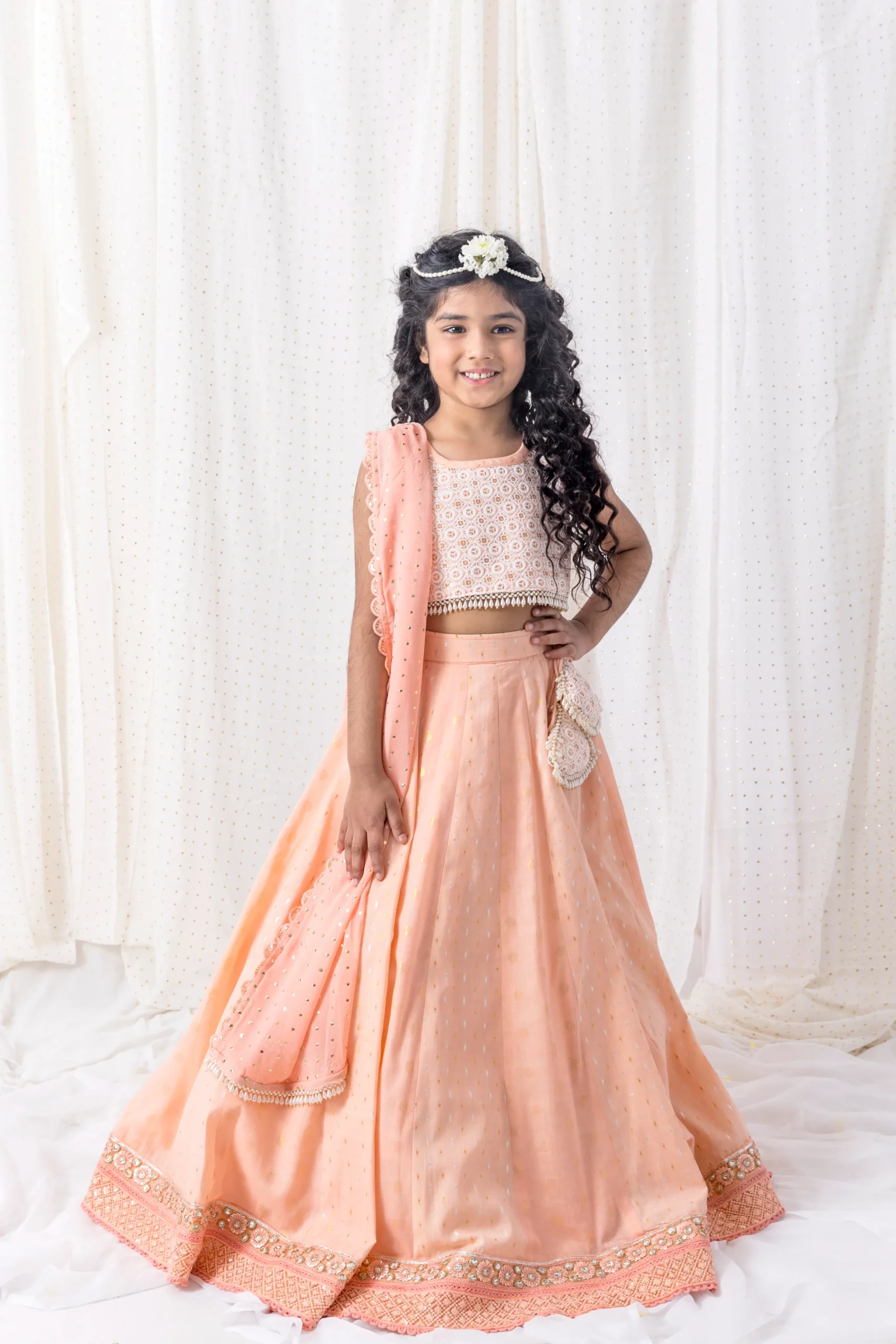 Peach Chotibuti Cotton Lehenga with pearl embroidered top and dupatta from Golden Muslin By Choti Buti