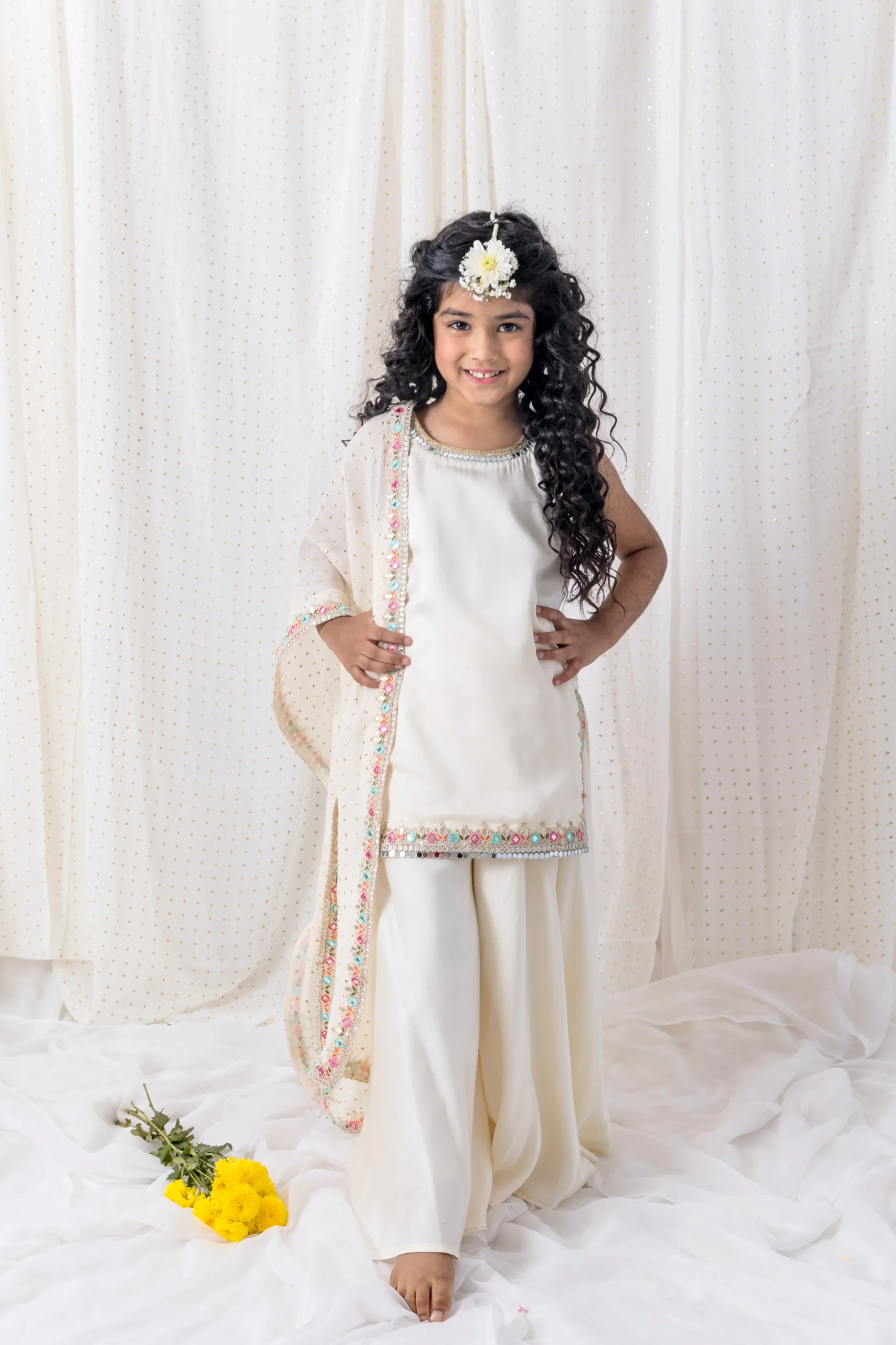 Ivory Muslin Shirt with Sharara and multicolor dupatta with mirror work from Golden Muslin By Choti Buti