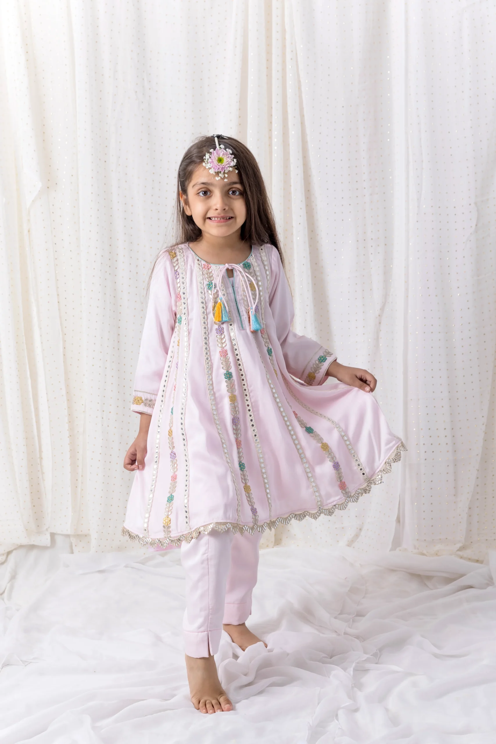 Pink Muslin Top with Pants featuring mirror work and gota patti lace from Golden Muslin By Choti Buti