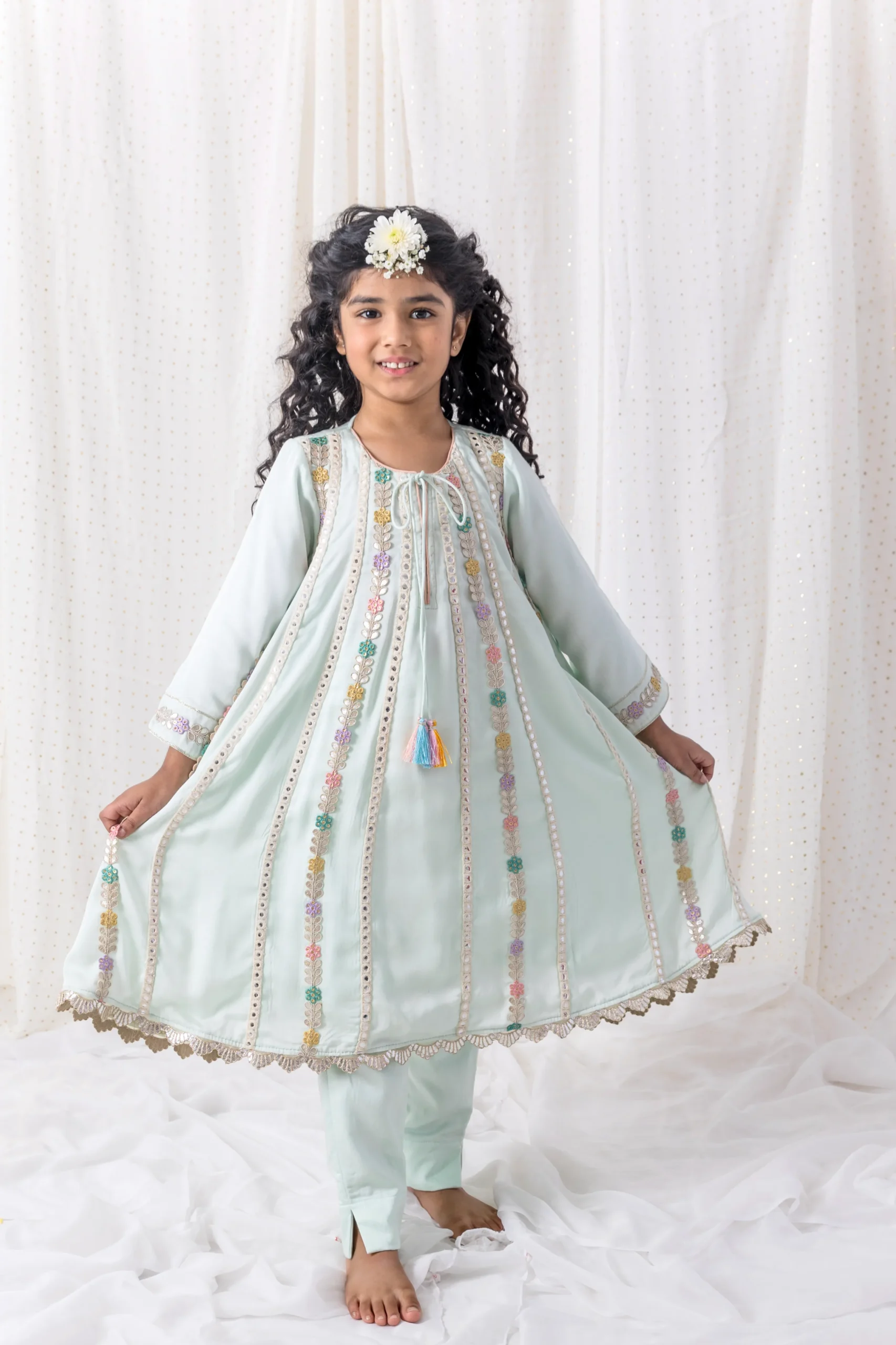 Blue Muslin Top with Pants featuring mirror work and gota patti lace from Golden Muslin By Choti Buti
