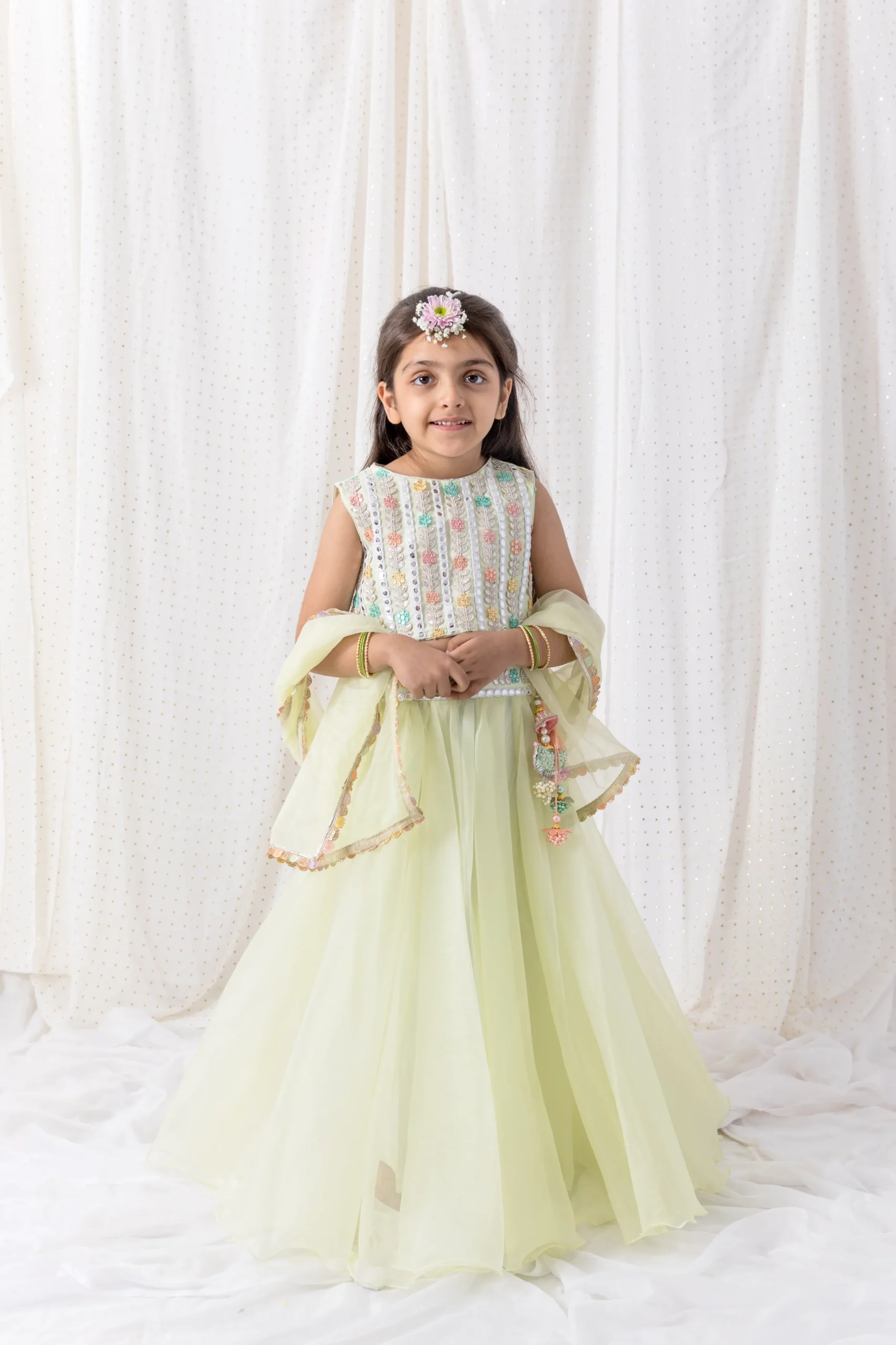 Pastel Green Organza Lehenga and mirror work top from Golden Muslin By Choti Buti