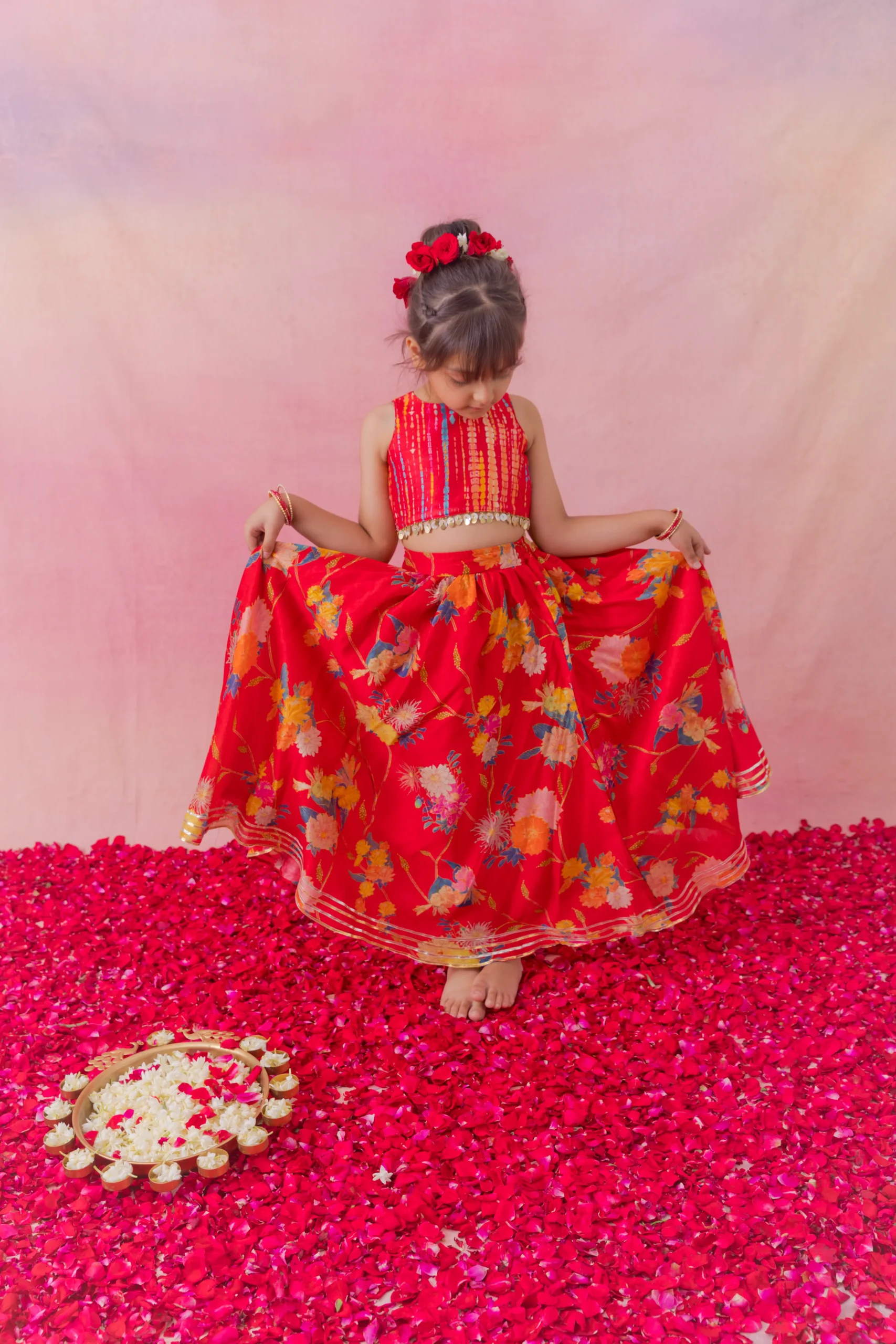 Gulaab Red Chanderi Floral Lehenga Set with crop top from Golden Muslin By Choti Buti