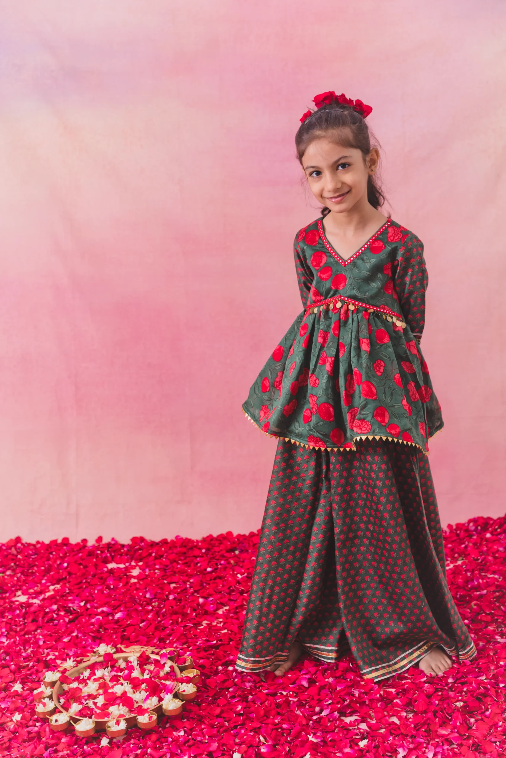 Red Chanderi Choga Set with mirror work and ikat salwar from Golden Muslin By Choti Buti
