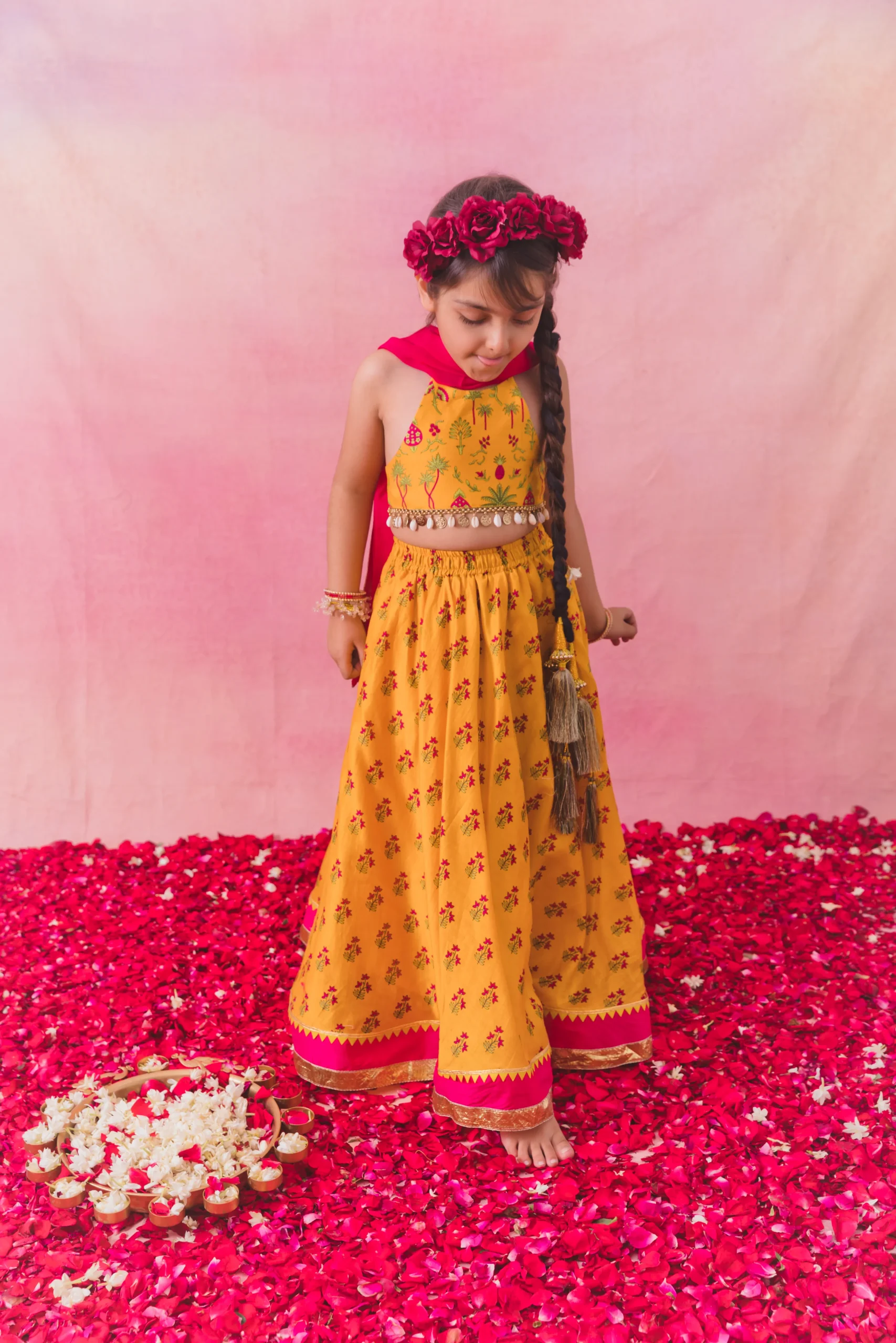 Yellow Chanderi Lehenga with halter choli and coin detailing from Golden Muslin By Choti Buti