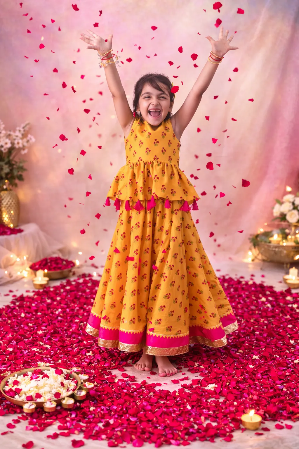 Yellow Chanderi Lehenga with floral peplum top from Golden Muslin By Choti Buti