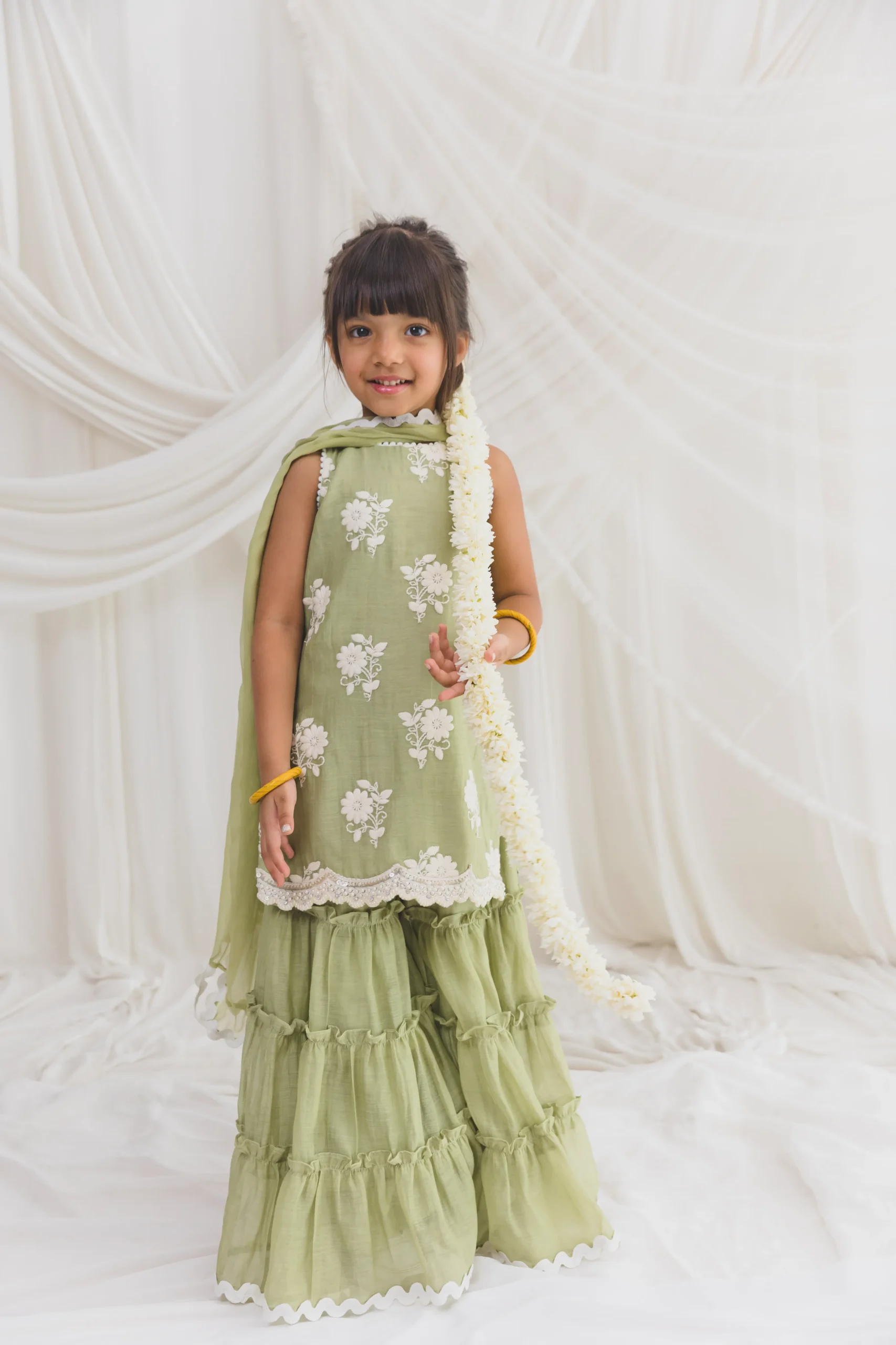 Green Mul Chanderi Sharara Set with embroidered kurta and dupatta from Golden Muslin By Choti Buti