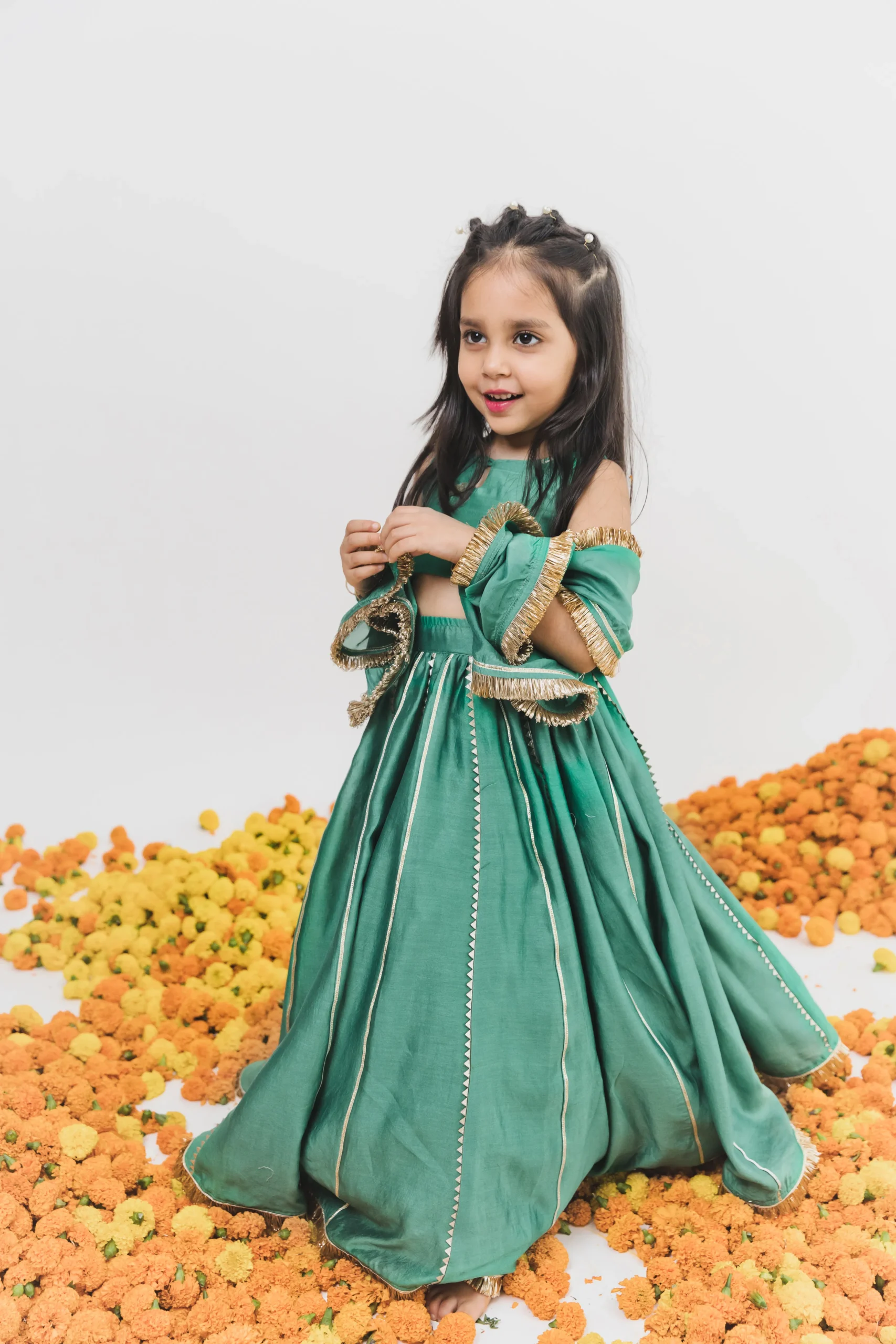 Green Chanderi Lehenga Set with embroidered choli and dupatta from Golden Muslin By Choti Buti