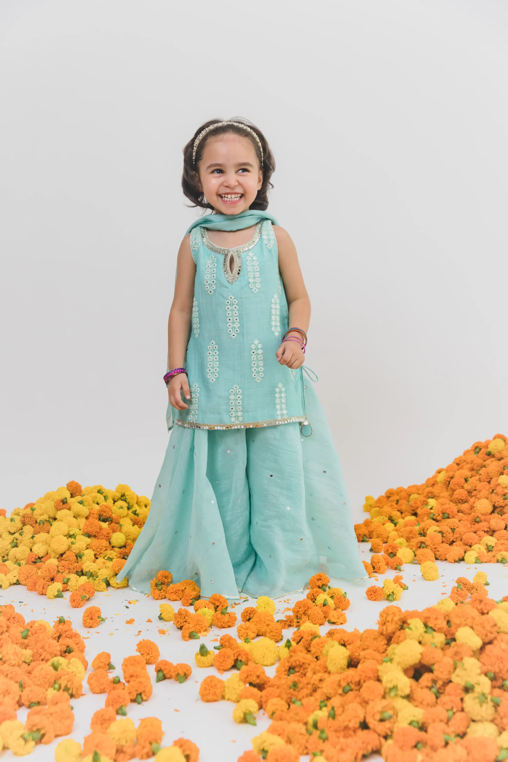 Blue Chanderi Sharara Set with Mirror Work and Dupatta from Golden Muslin By Choti Buti