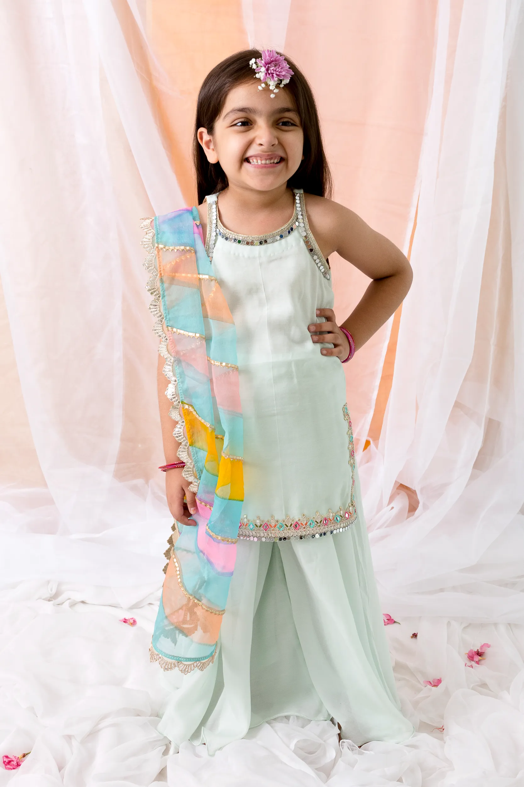 Powder Blue Muslin Shirt Sharara Set with dupatta from Golden Muslin By Choti Buti