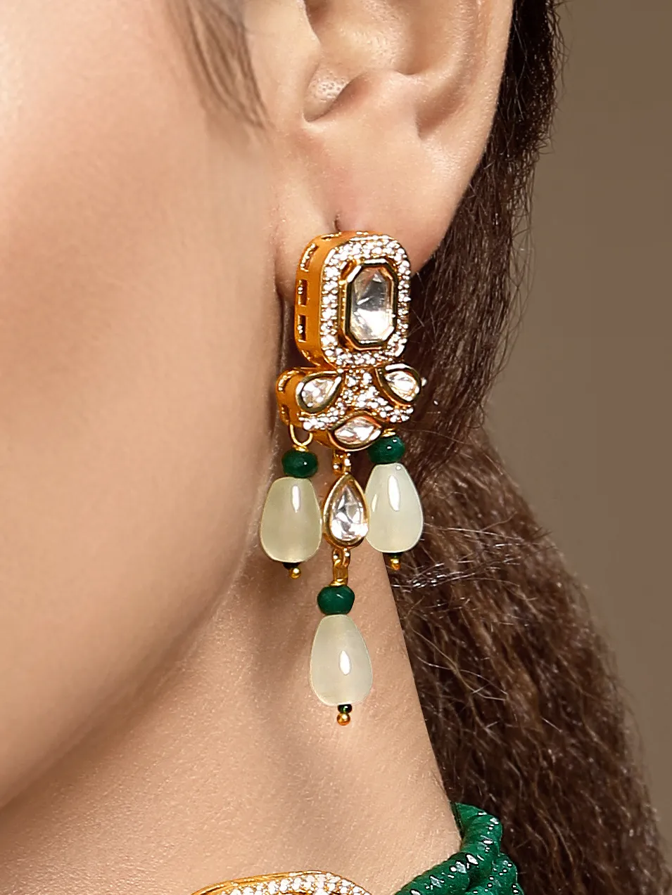Gold mint agate onyx Kundan Polki dangler earrings from Golden Muslin By Hrisha