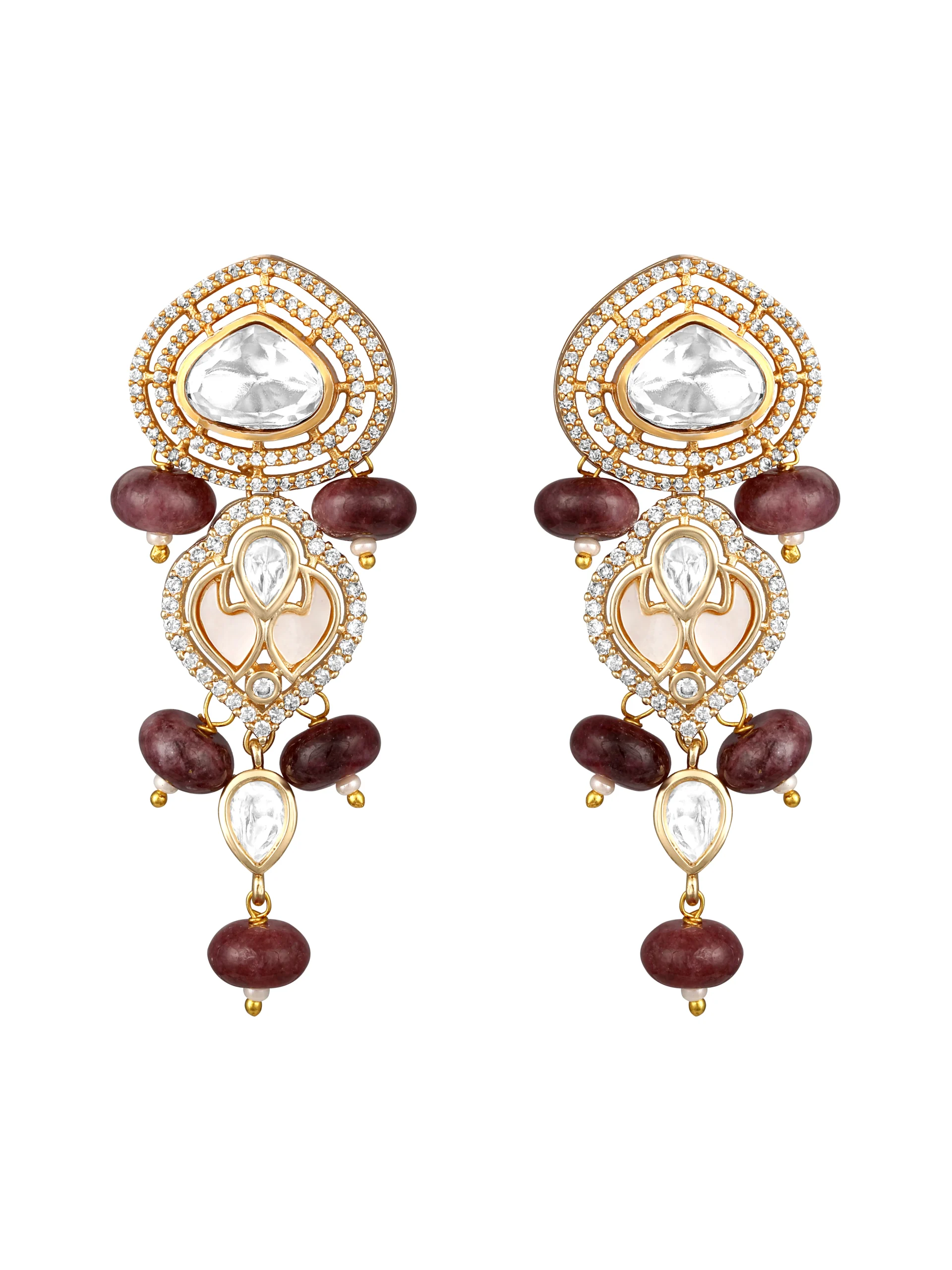 Gold pink jasper mother of pearl Kundan Polki dangler earrings from Golden Muslin By Hrisha