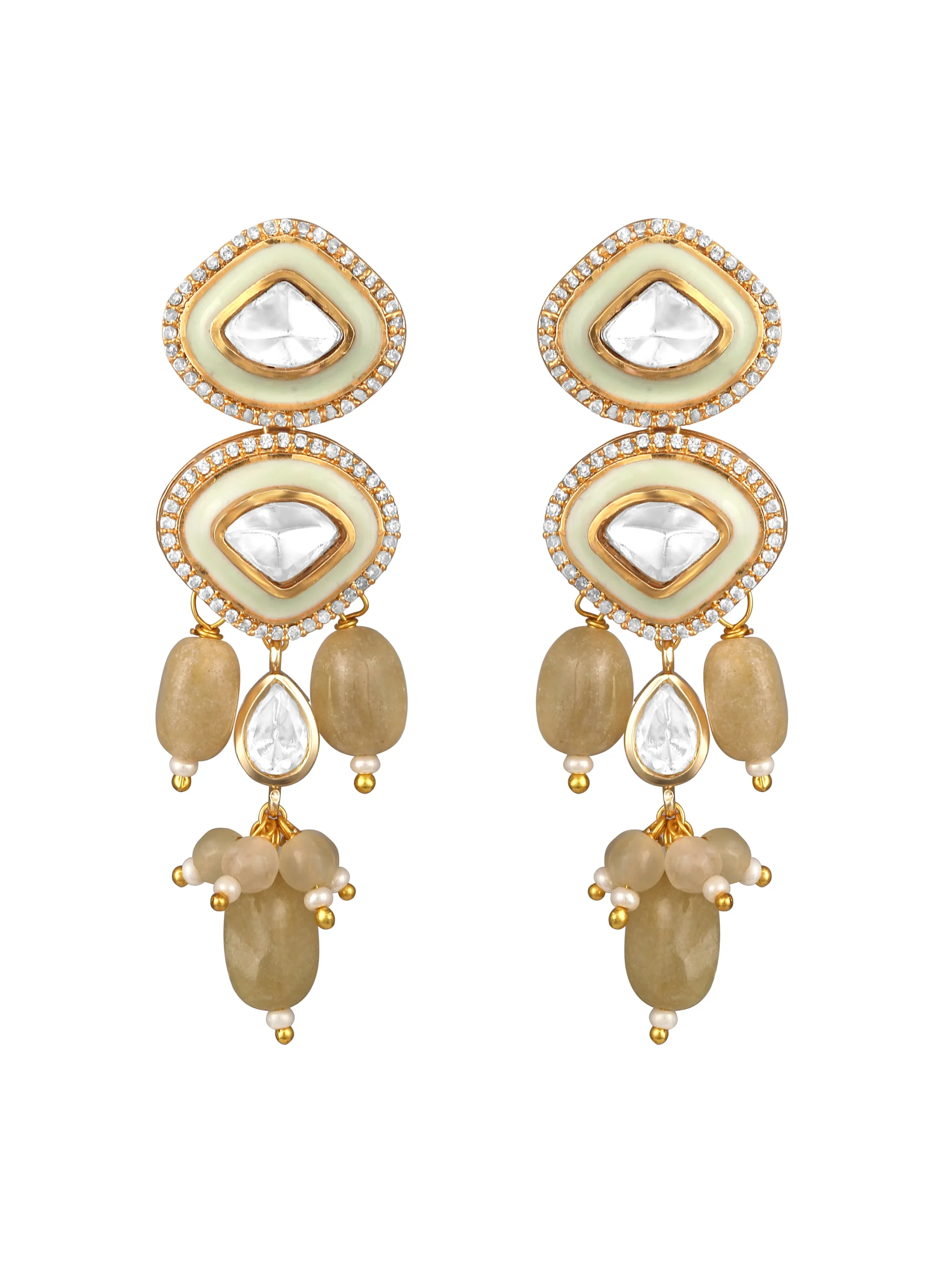 Vibrant green mint and gold dangler earrings with agate enamel Kundan Polki and CZ from Golden Muslin By Hrisha
