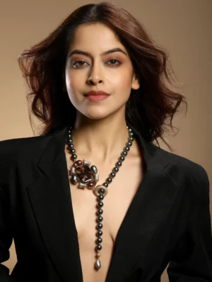 Two tone shell pearl onyx CZ Italian crystal necklace from Golden Muslin By Hrisha