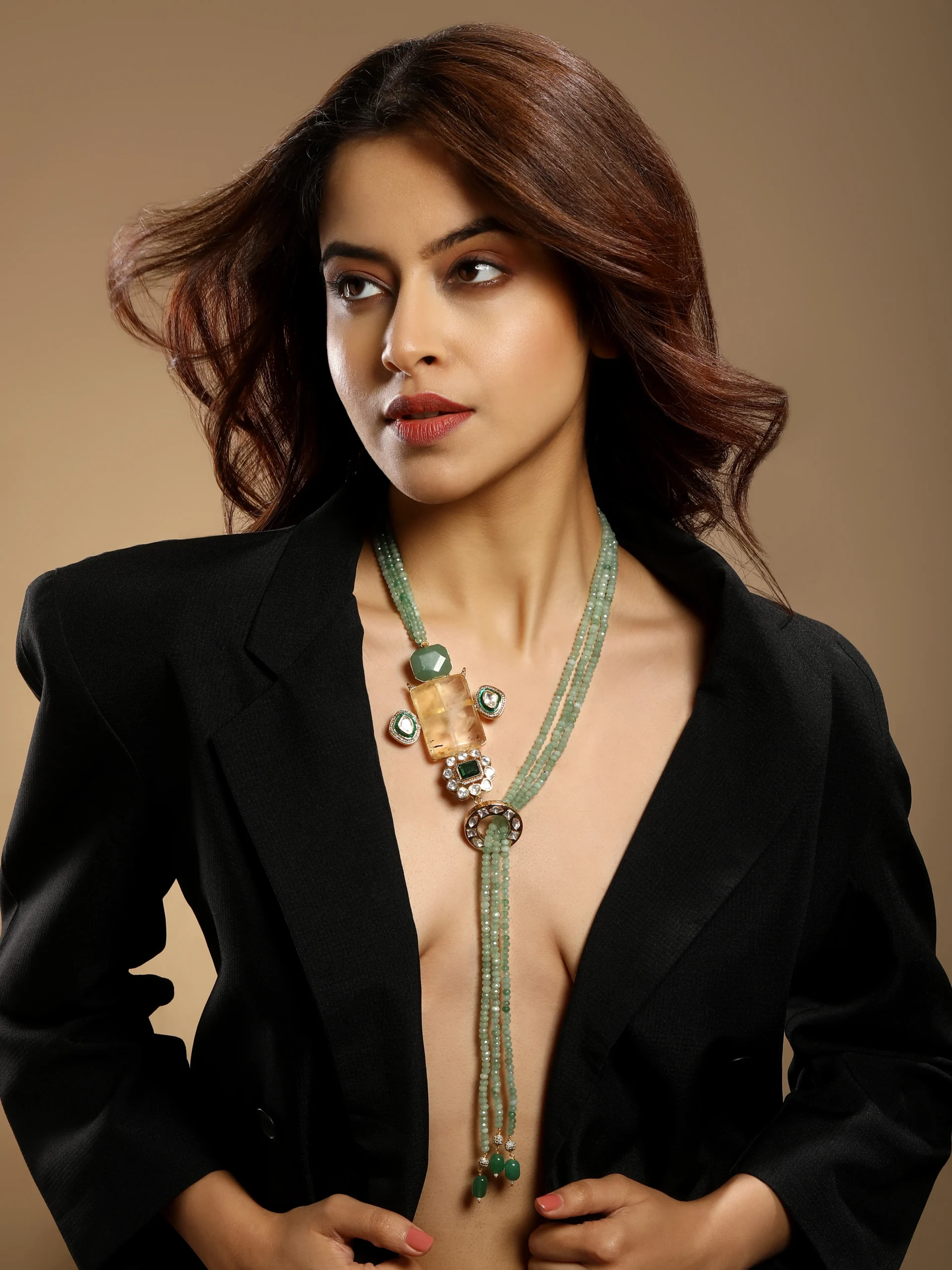 Handcrafted agate emerald onyx Kundan Polki CZ necklace from Golden Muslin By Hrisha