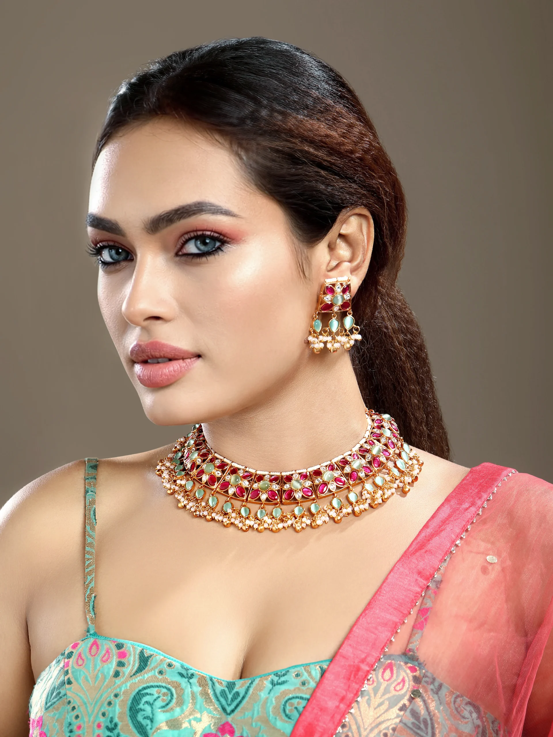 Haldi gold pearl ruby onyx Kundan Polki necklace set with earrings from Golden Muslin By Hrisha