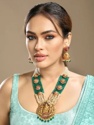 Green cream pink ruby emerald pearl long necklace set with earrings from Golden Muslin By Hrisha