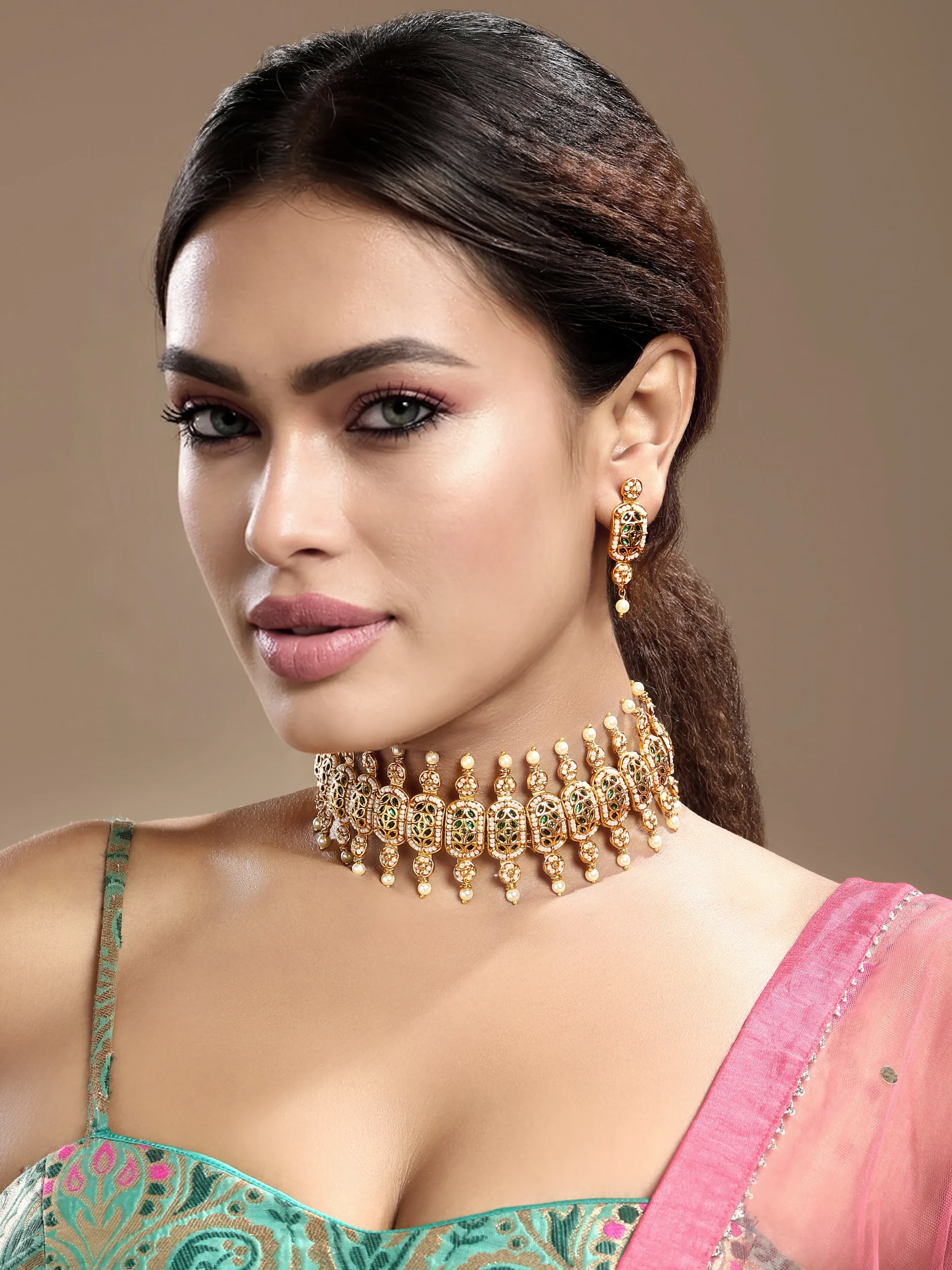 Gold cream green pearl emerald choker necklace set with earrings from Golden Muslin By Hrisha