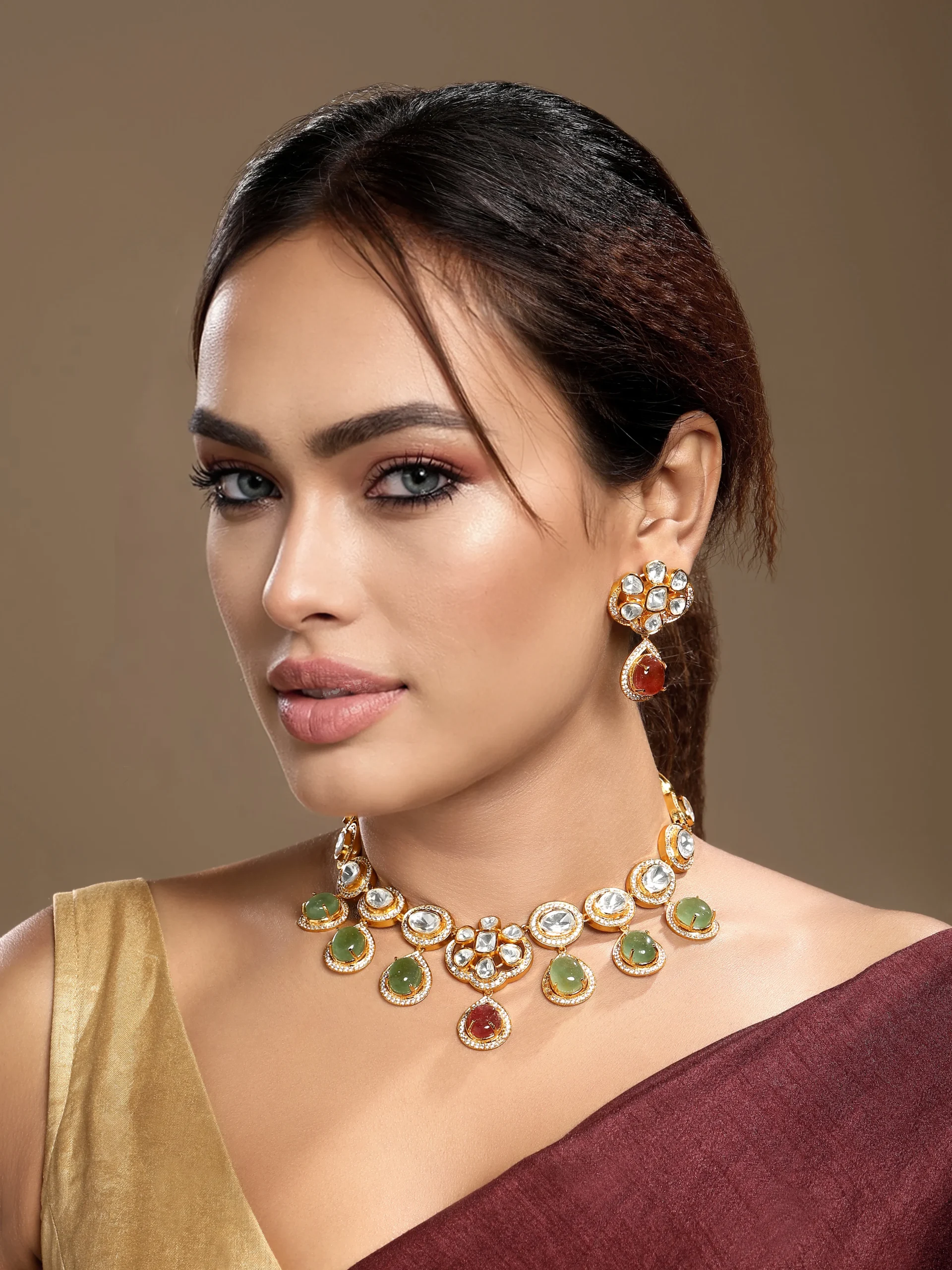 Gold mint ruby onyx Kundan Polki CZ necklace set with earrings from Golden Muslin By Hrisha