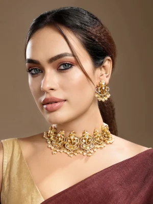 Gold cream shell pearl Kundan Polki CZ necklace set with earrings from Golden Muslin By Hrisha