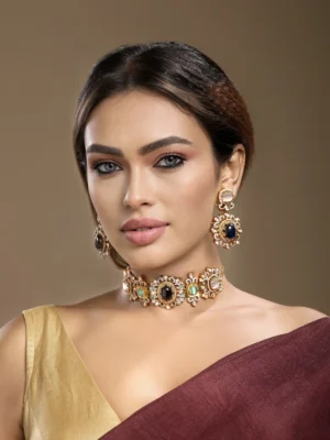 Handcrafted multicolor Victorian CZ onyx Kundan Polki choker necklace set from Golden Muslin By Hrisha