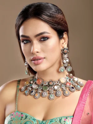 Multicolor Victorian CZ onyx Kundan Polki choker necklace set with earrings from Golden Muslin By Hrisha