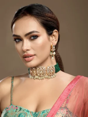 Mint green gold agate onyx Kundan Polki choker necklace set with earrings from Golden Muslin By Hrisha