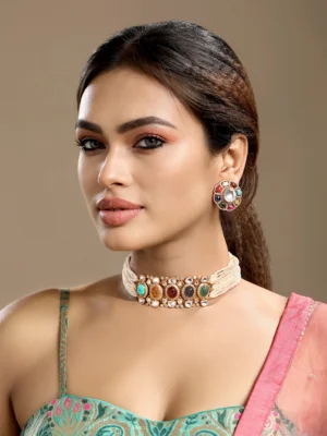 Navratna Kundan Polki CZ pearl gold choker necklace set with earrings from Golden Muslin By Hrisha