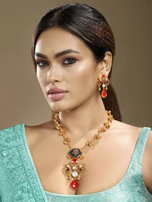 Gold red blue ruby topaz Kundan Polki long necklace set with earrings from Golden Muslin By Hrisha