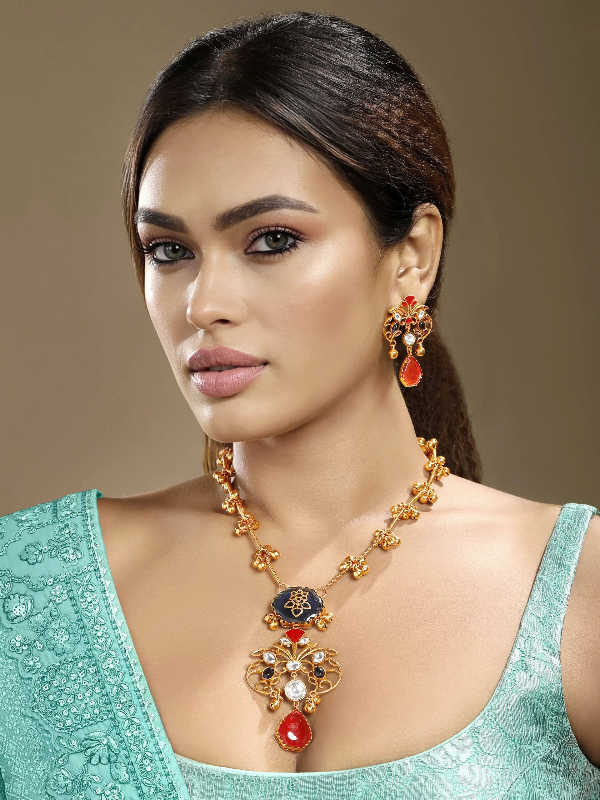 Gold red blue ruby topaz Kundan Polki long necklace set with earrings from Golden Muslin By Hrisha