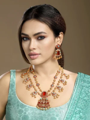 Gold red turquoise coral statement long necklace set with earrings from Golden Muslin By Hrisha