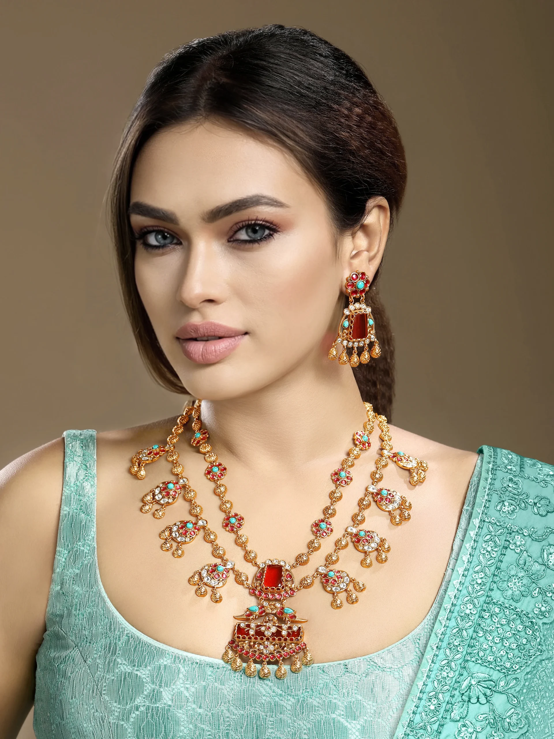 Gold red turquoise coral statement long necklace set with earrings from Golden Muslin By Hrisha