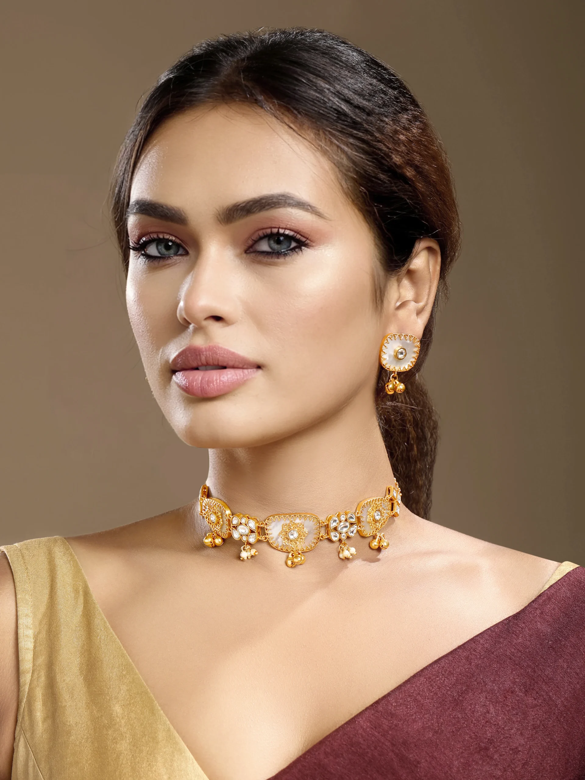 Gold cream Kundan Polki mother of pearl choker necklace set with earrings from Golden Muslin By Hrisha